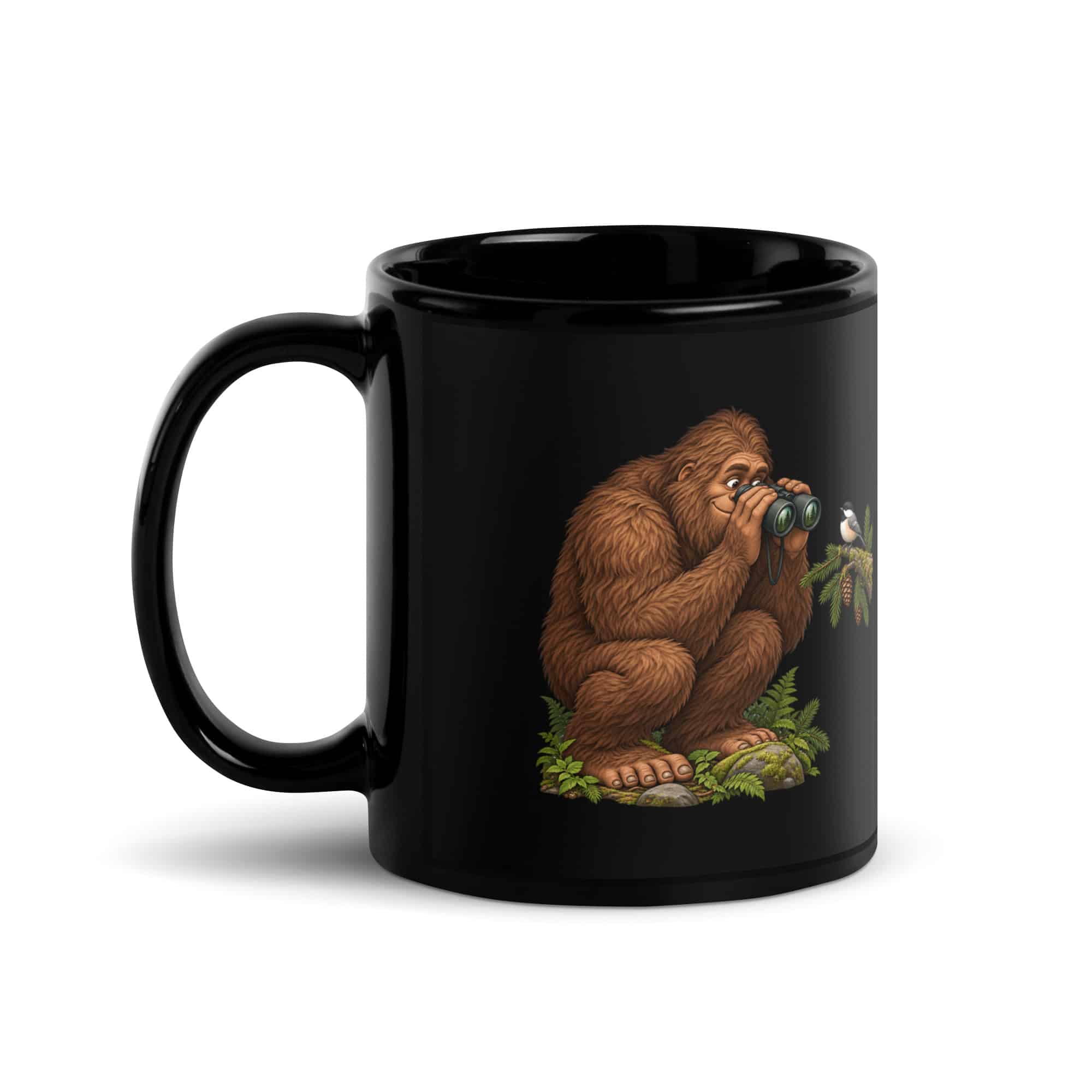 Birdwatching Bigfoot Black Mug