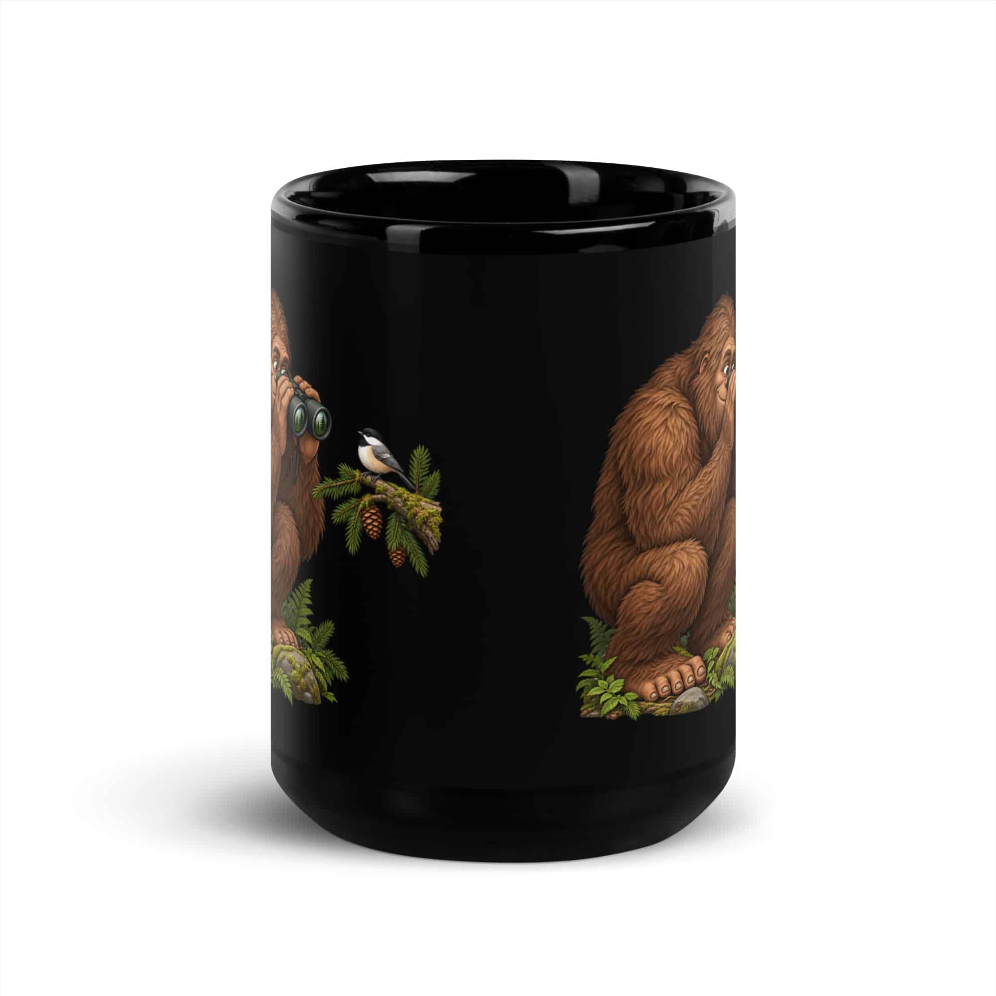 Birdwatching Bigfoot Black Mug