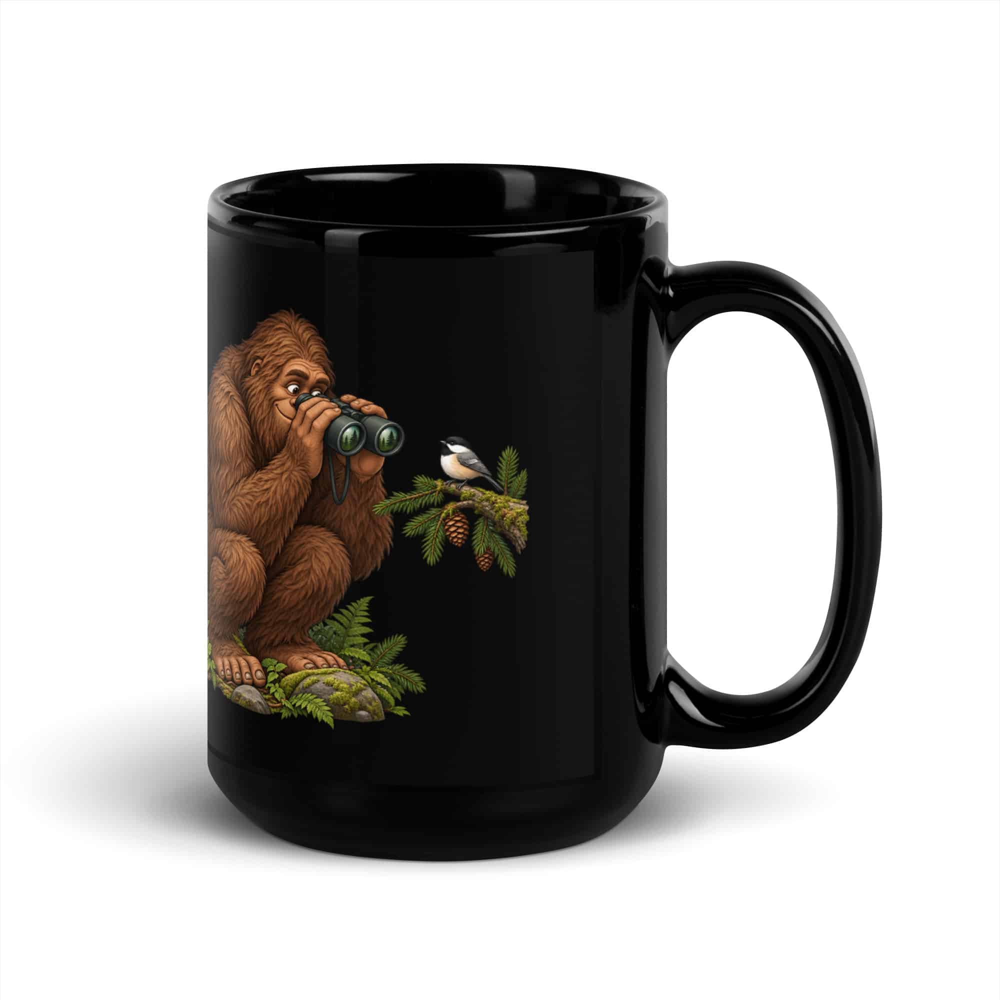 Birdwatching Bigfoot Black Mug