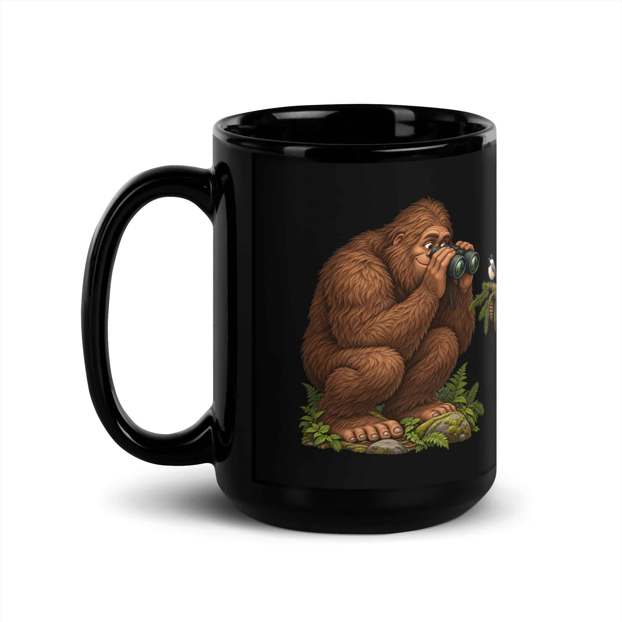 Birdwatching Bigfoot Black Mug
