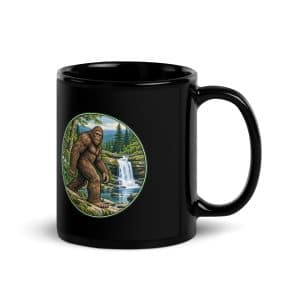 16 Bigfoot Waterfall Black Glossy Coffee Mug - 11 oz - Handle on Right