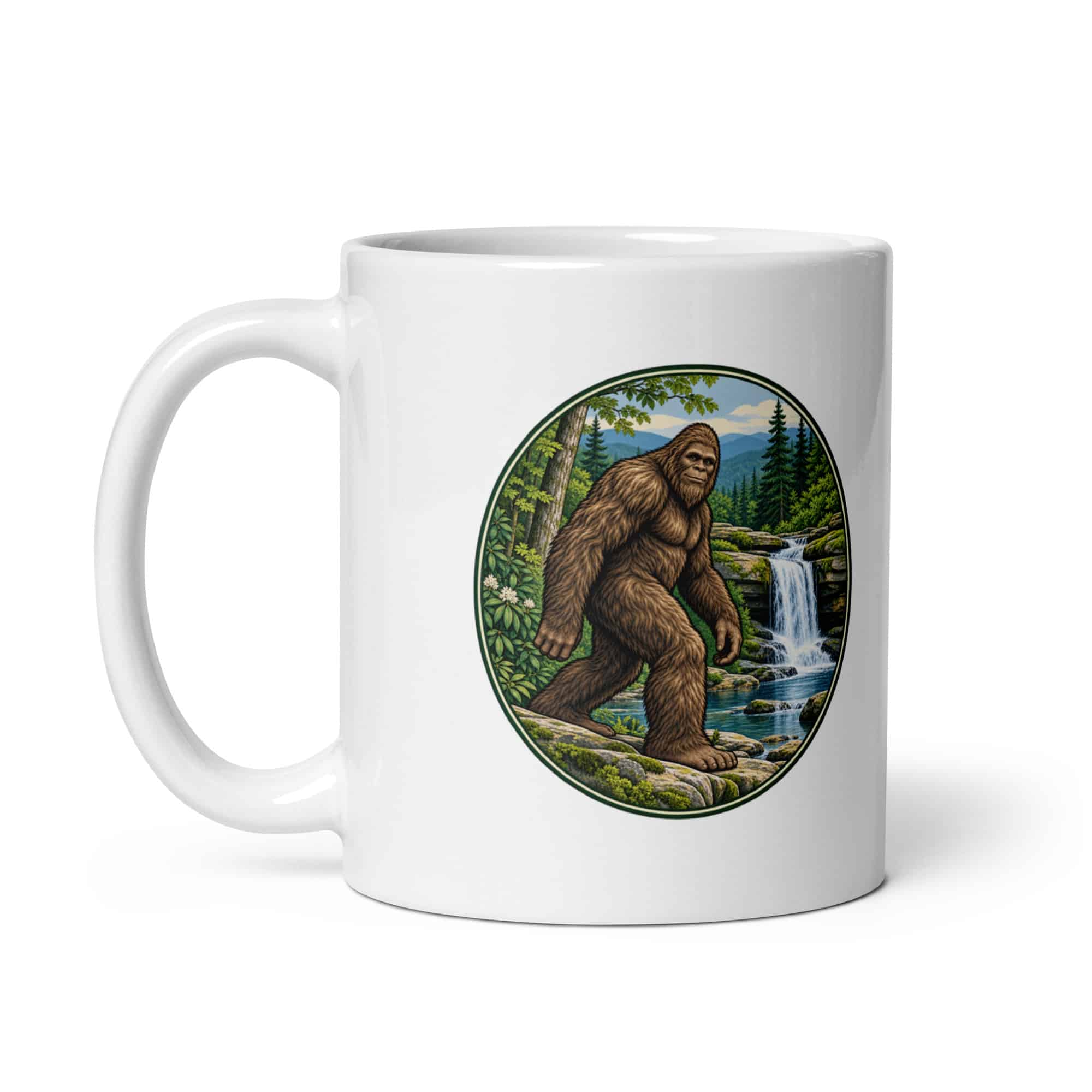 Bigfoot Forest Waterfall White Ceramic Coffee Mug