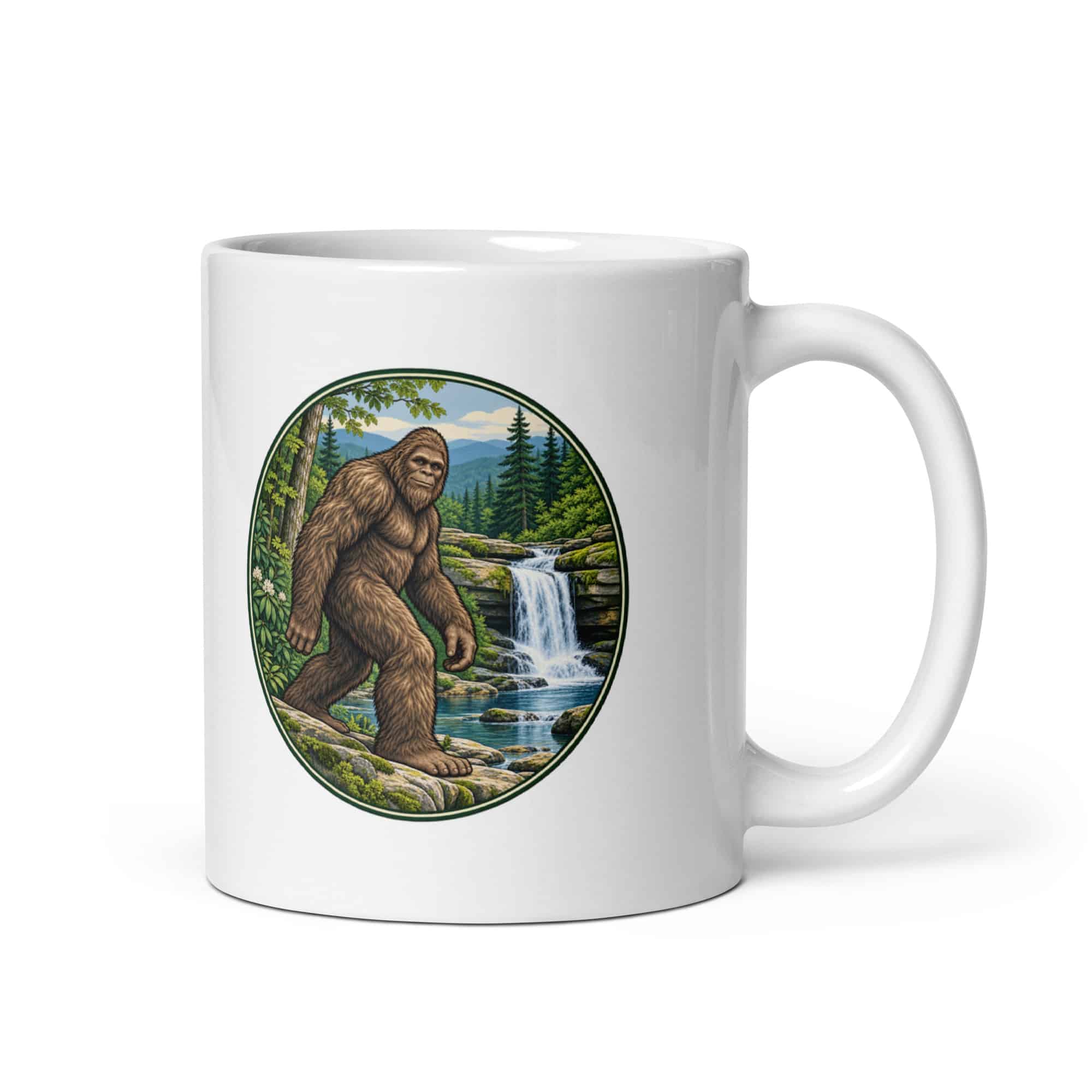Bigfoot Forest Waterfall White Ceramic Coffee Mug