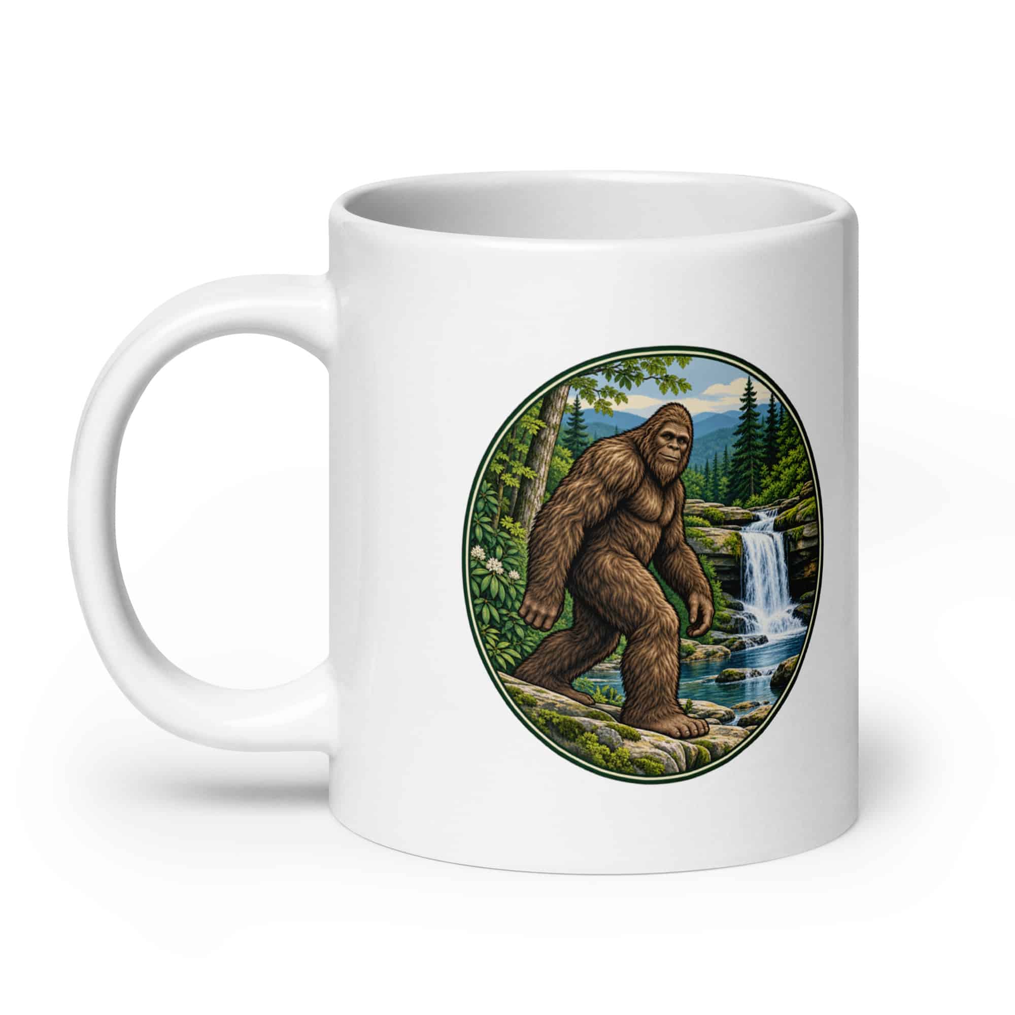 Bigfoot Forest Waterfall White Ceramic Coffee Mug