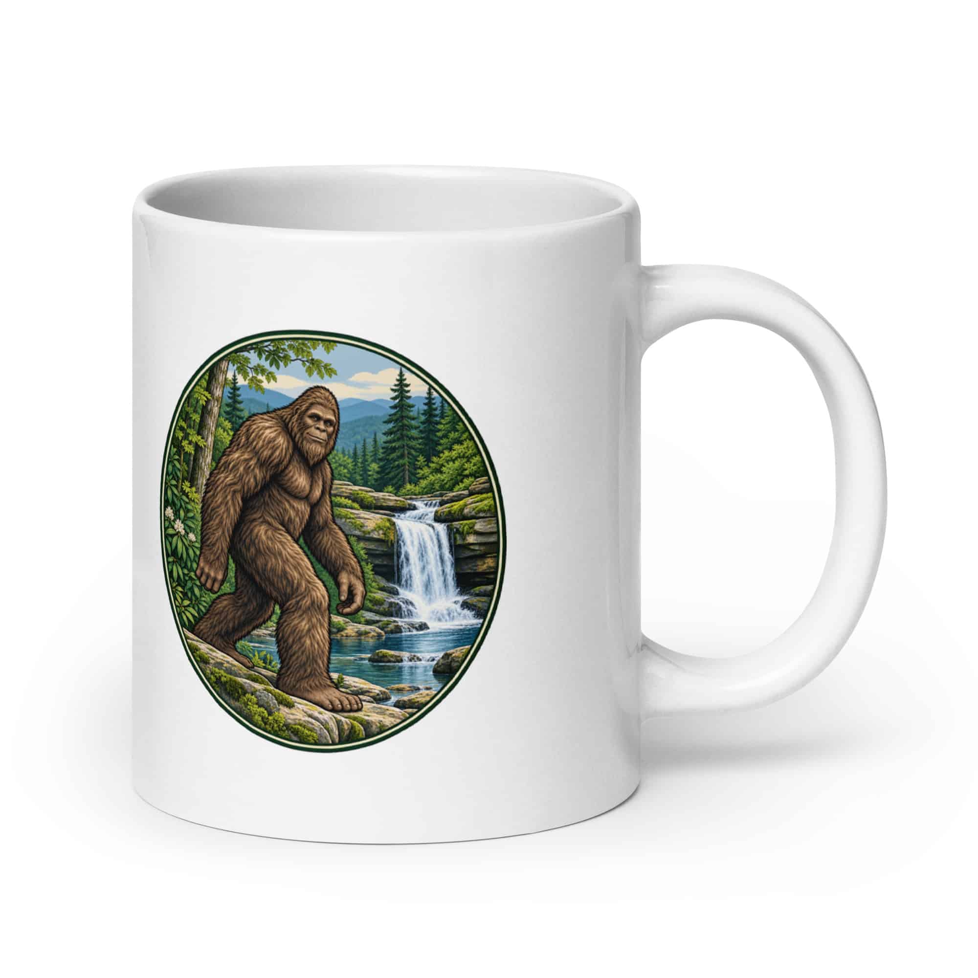 Bigfoot Forest Waterfall White Ceramic Coffee Mug
