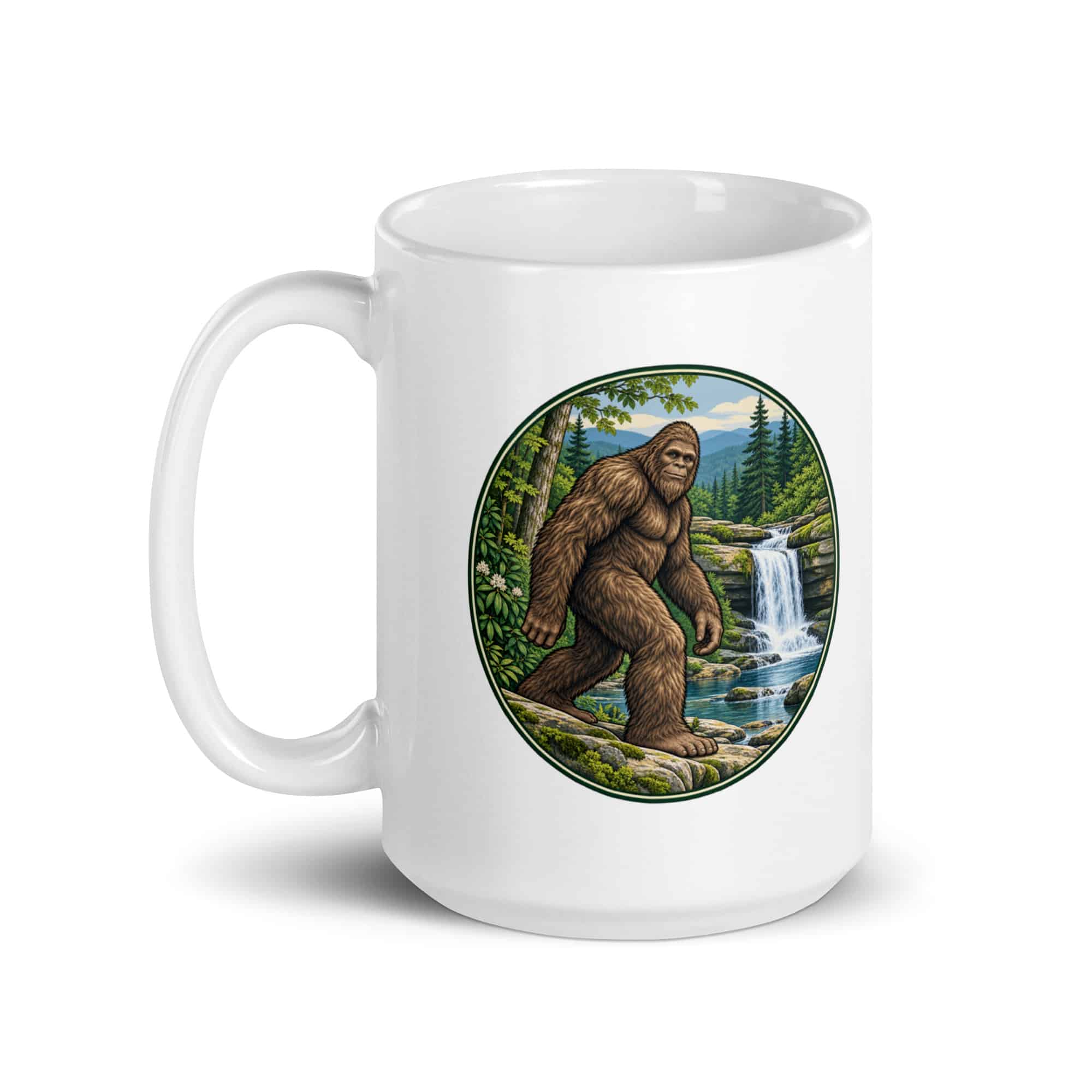 Bigfoot Forest Waterfall White Ceramic Coffee Mug