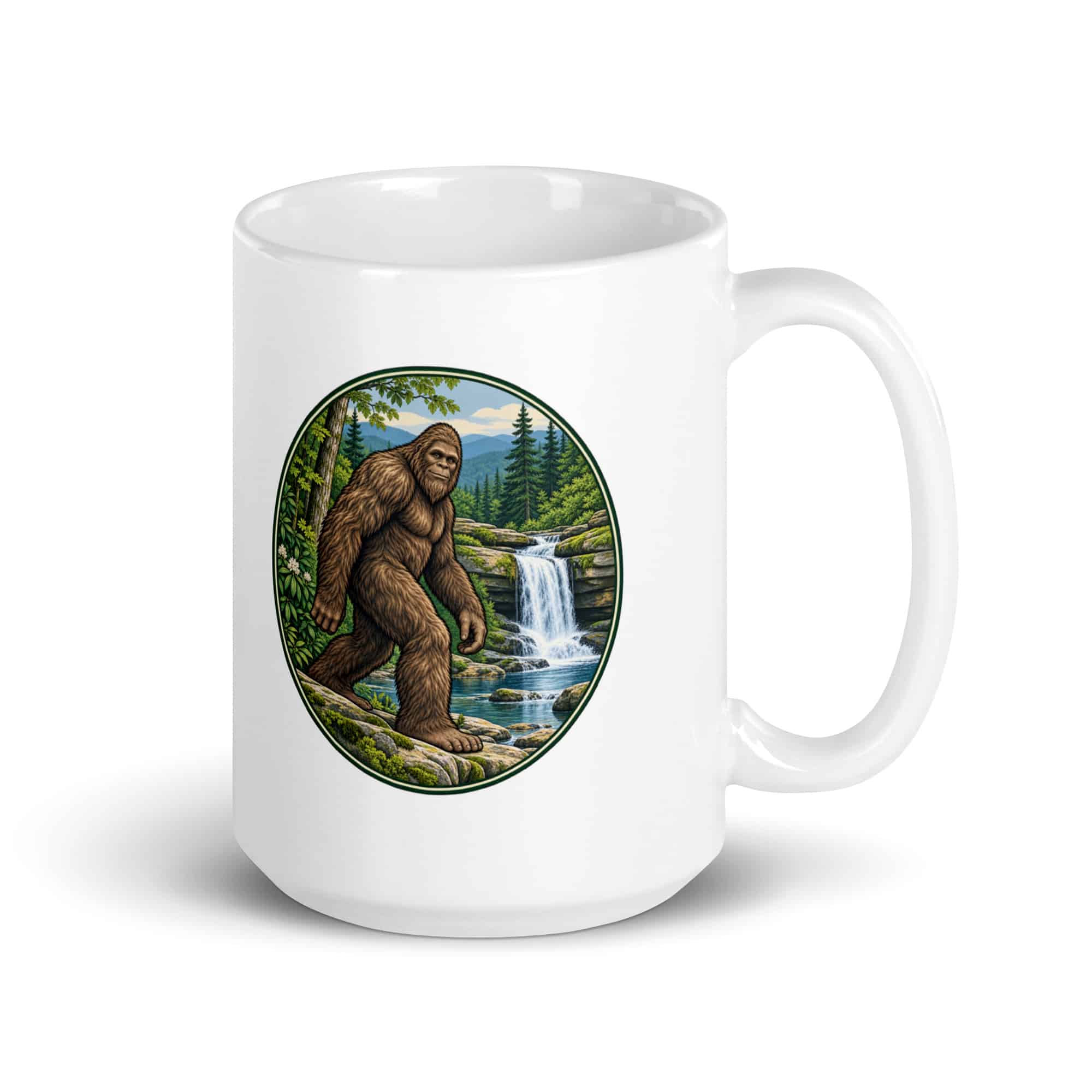 Bigfoot Forest Waterfall White Ceramic Coffee Mug