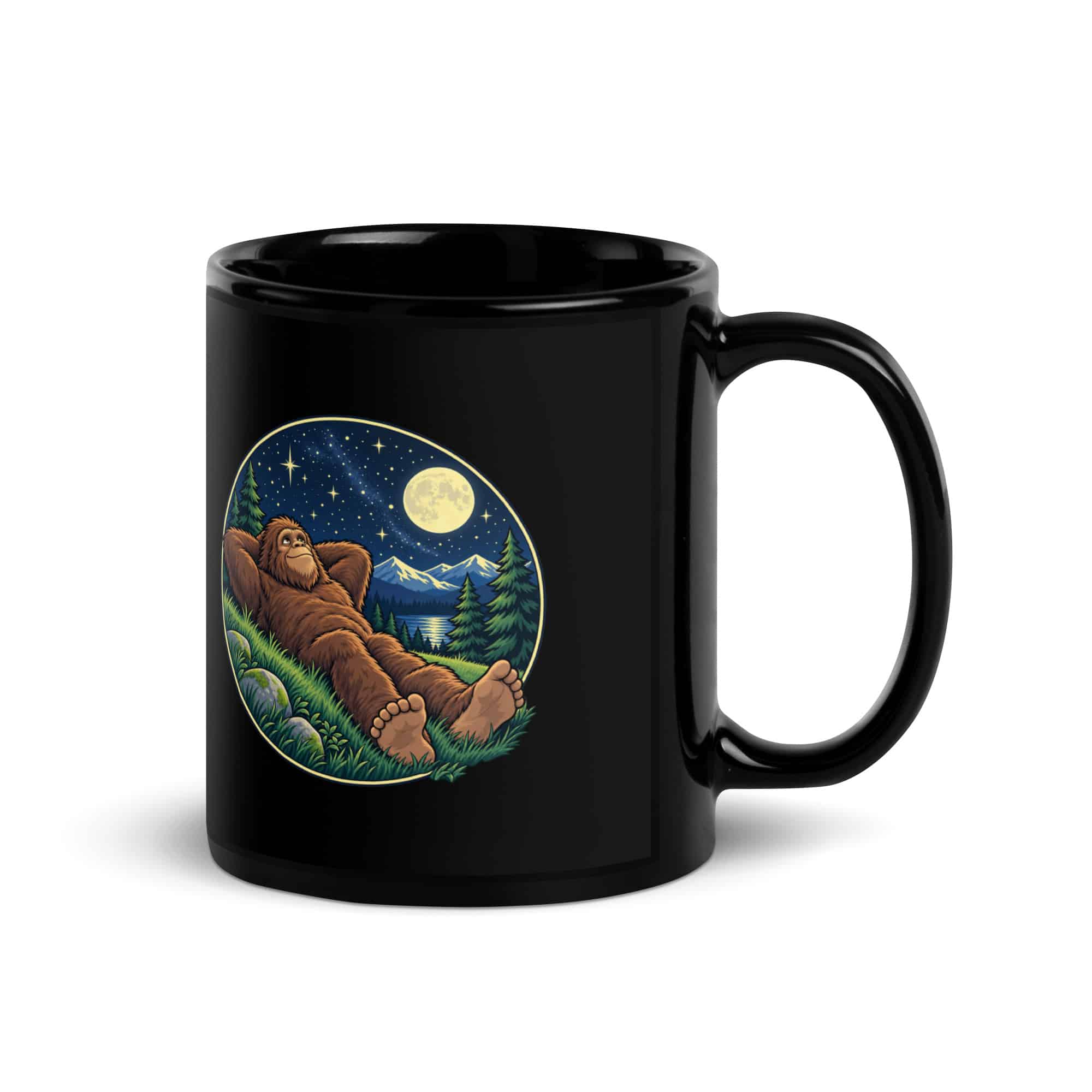 Stargazing Bigfoot Black Mug