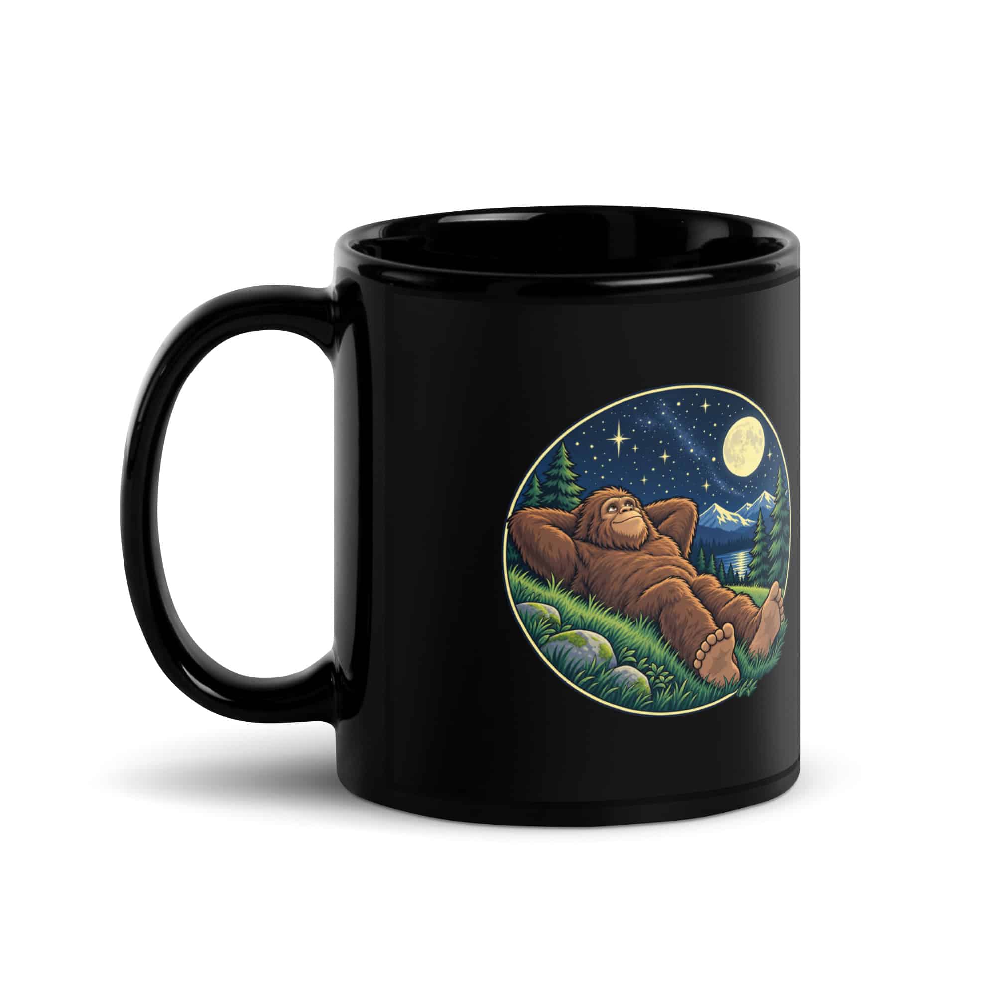 Stargazing Bigfoot Black Mug