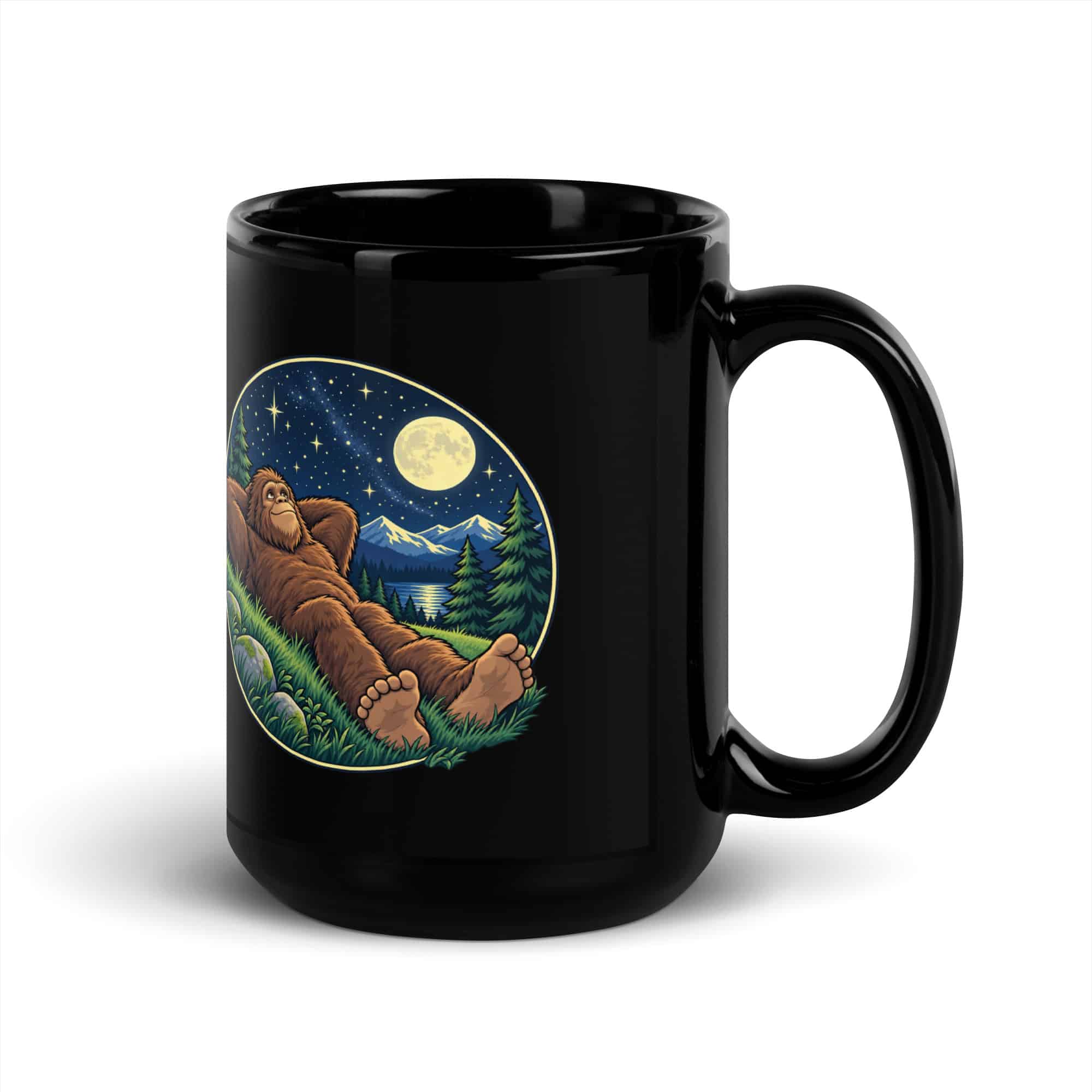 Stargazing Bigfoot Black Mug