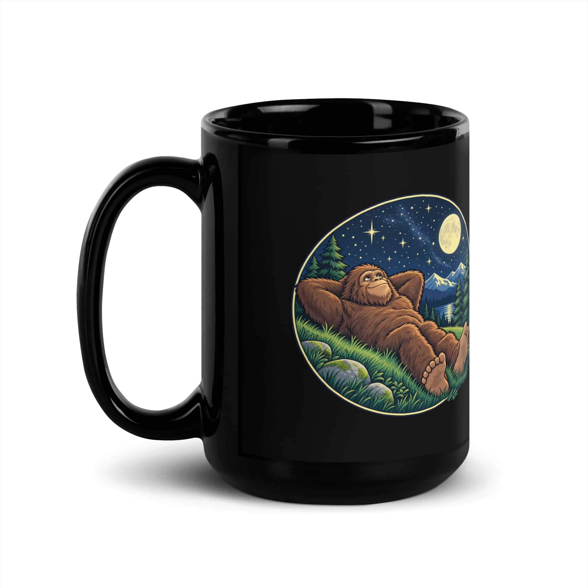 Stargazing Bigfoot Black Mug