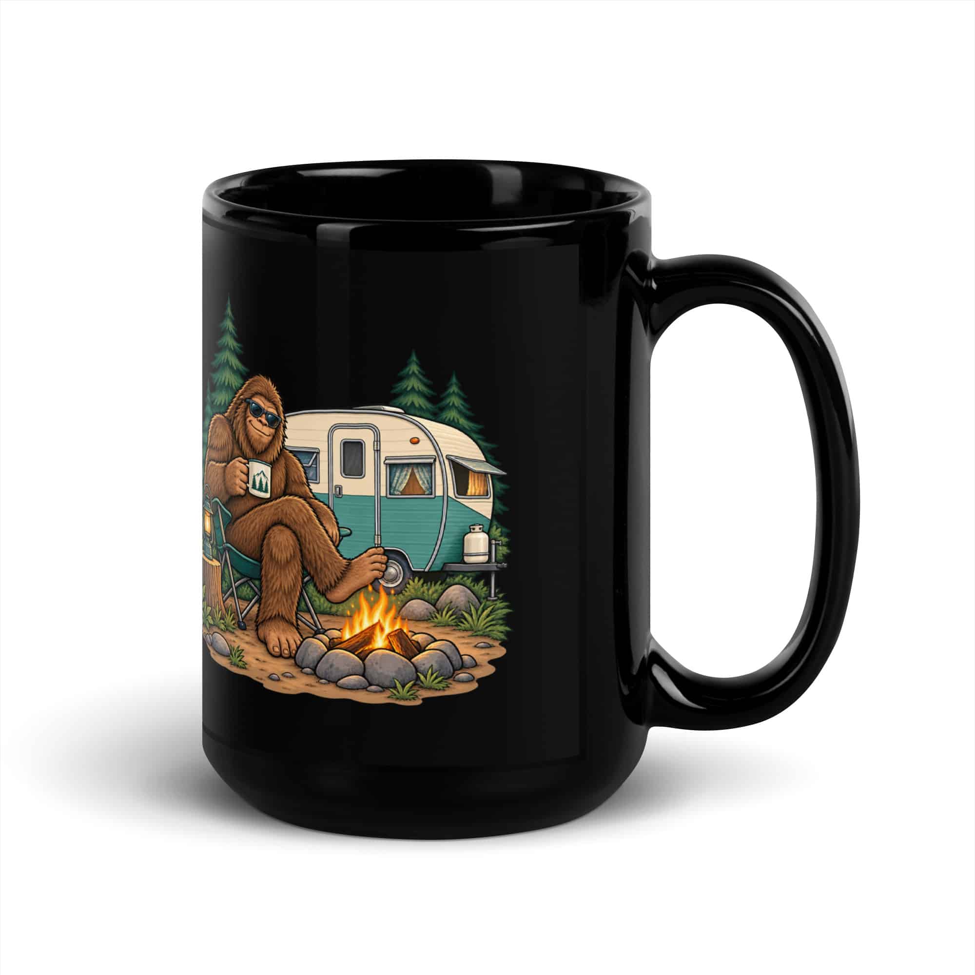 Road Trip Bigfoot Black Mug