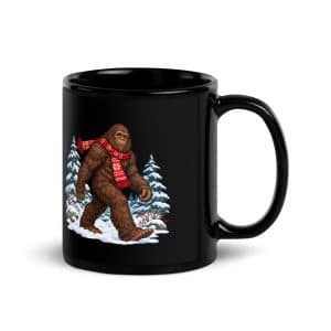 23 Bigfoot Winter Woods Black Glossy Coffee Mug - 11 oz - Handle on Right