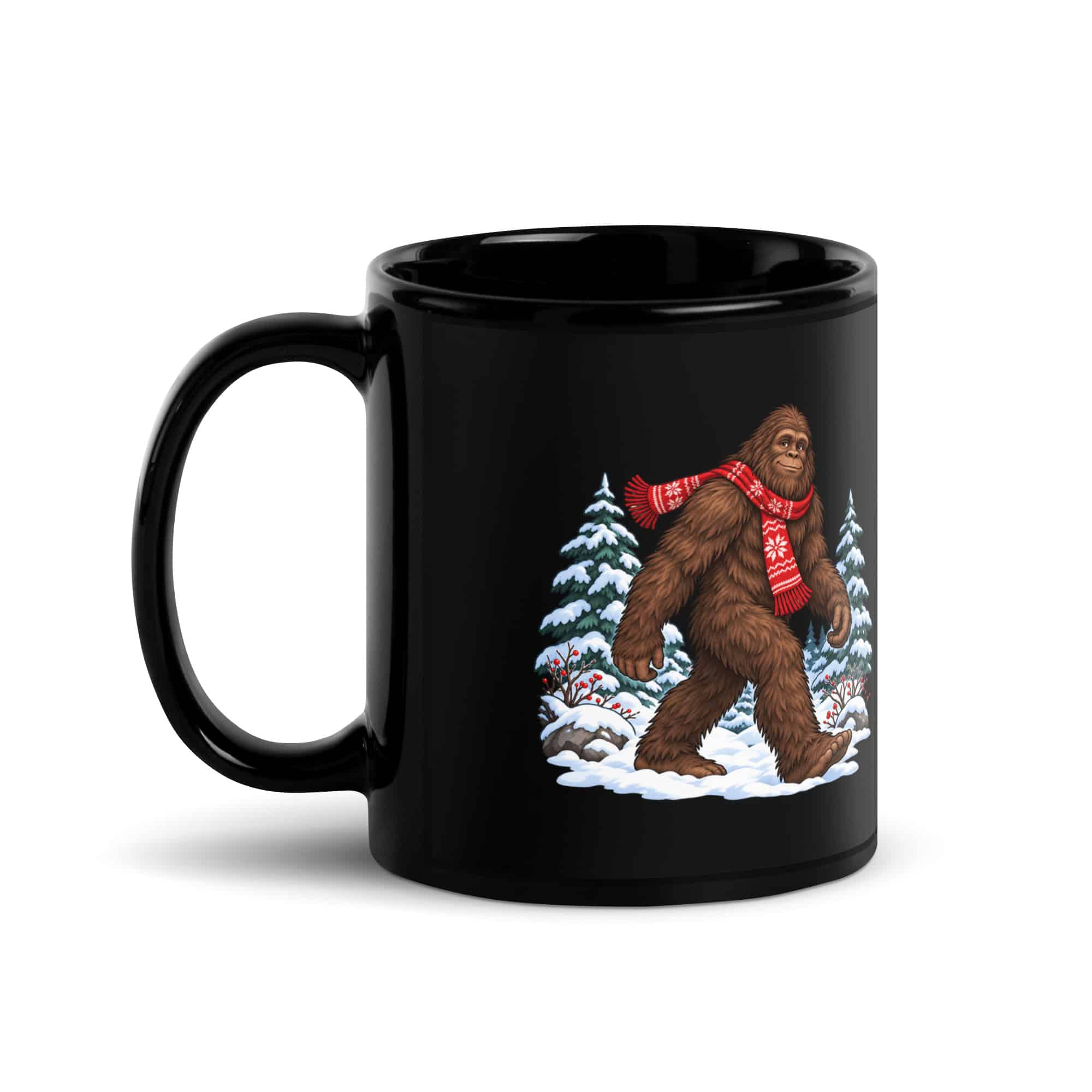 Winter Woods Bigfoot Black Mug