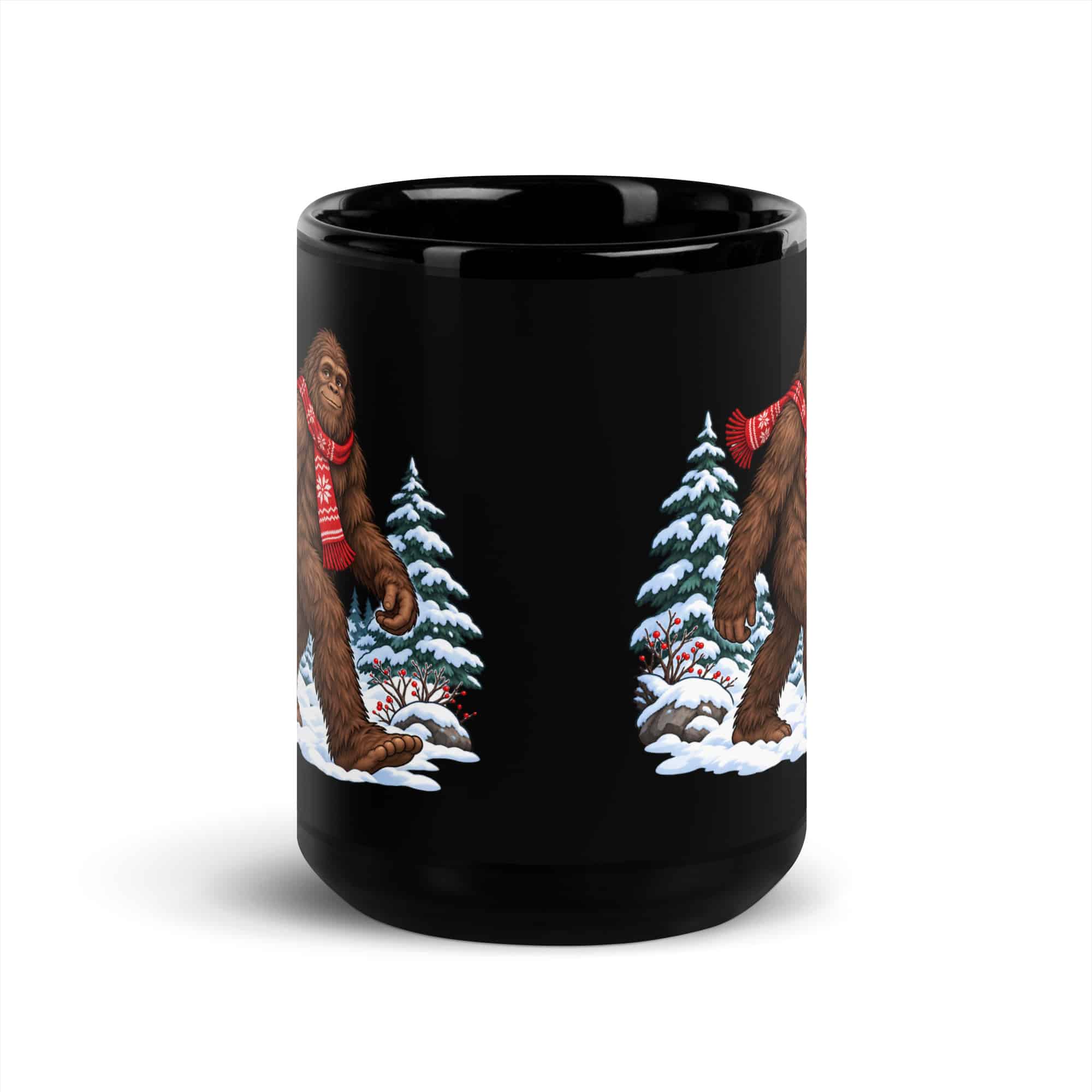 Winter Woods Bigfoot Black Mug