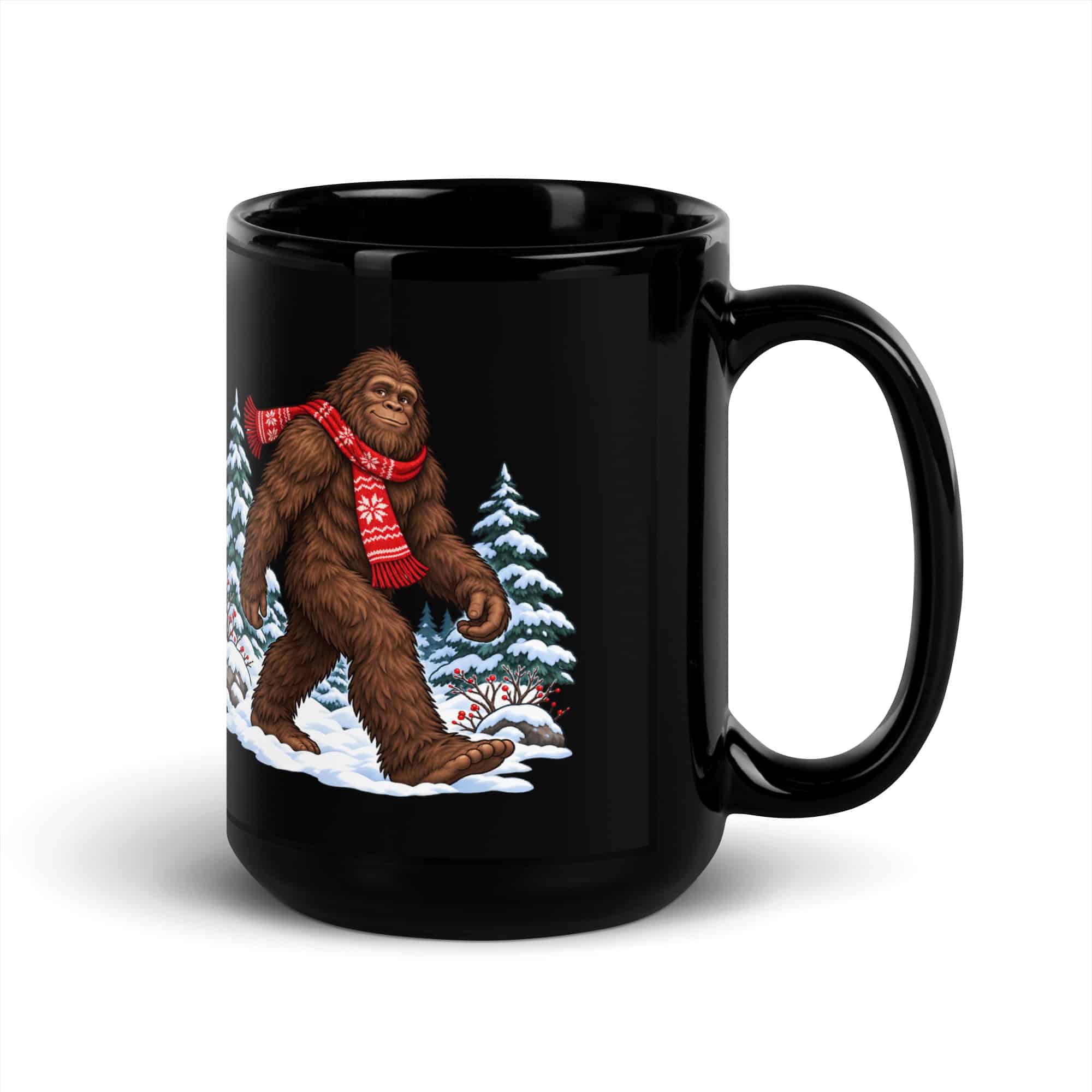Winter Woods Bigfoot Black Mug