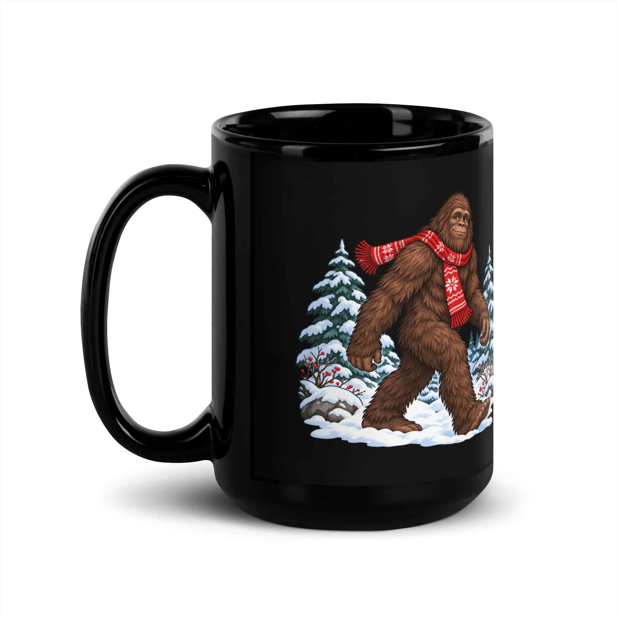 Winter Woods Bigfoot Black Mug