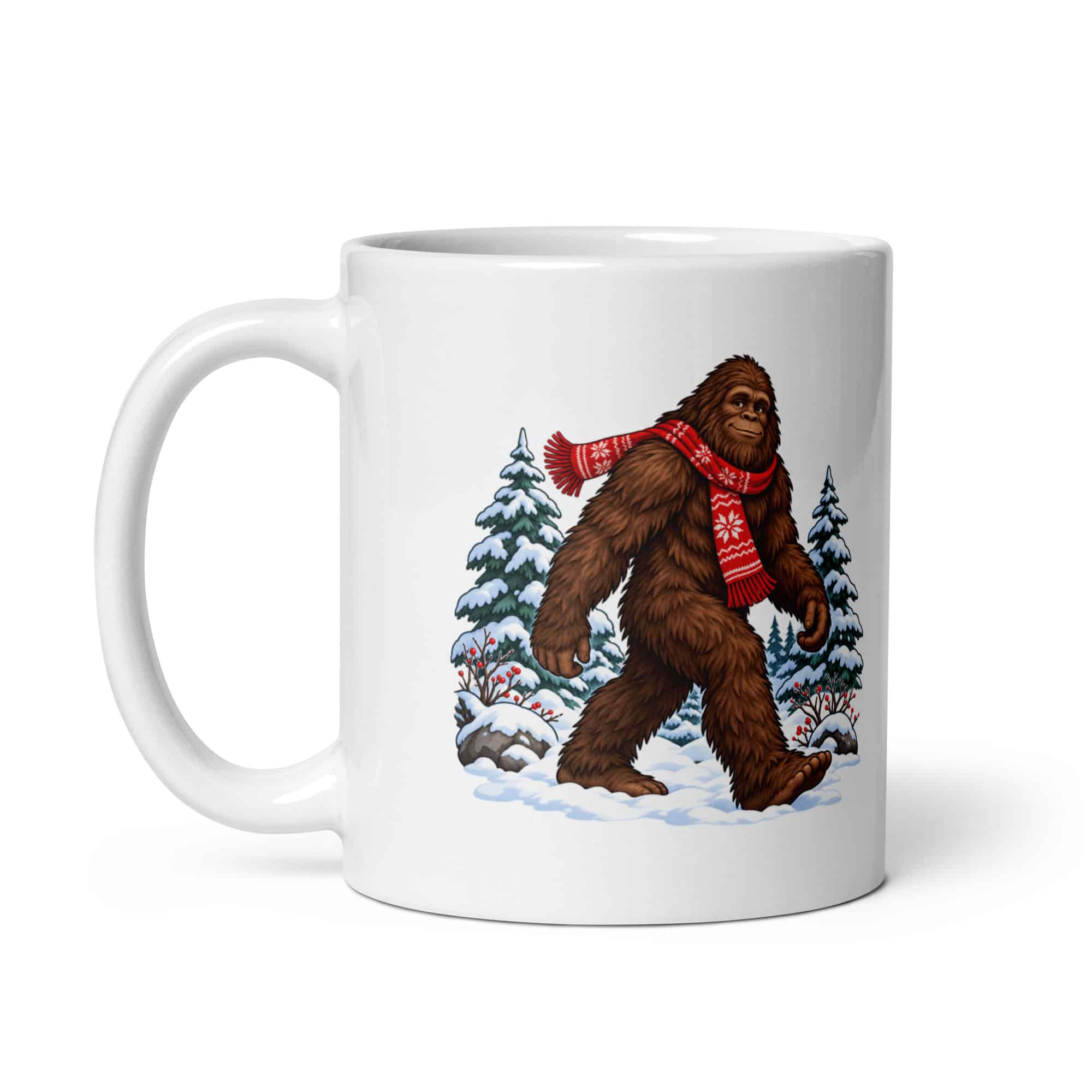 Bigfoot Winter Woods White Ceramic Coffee Mug