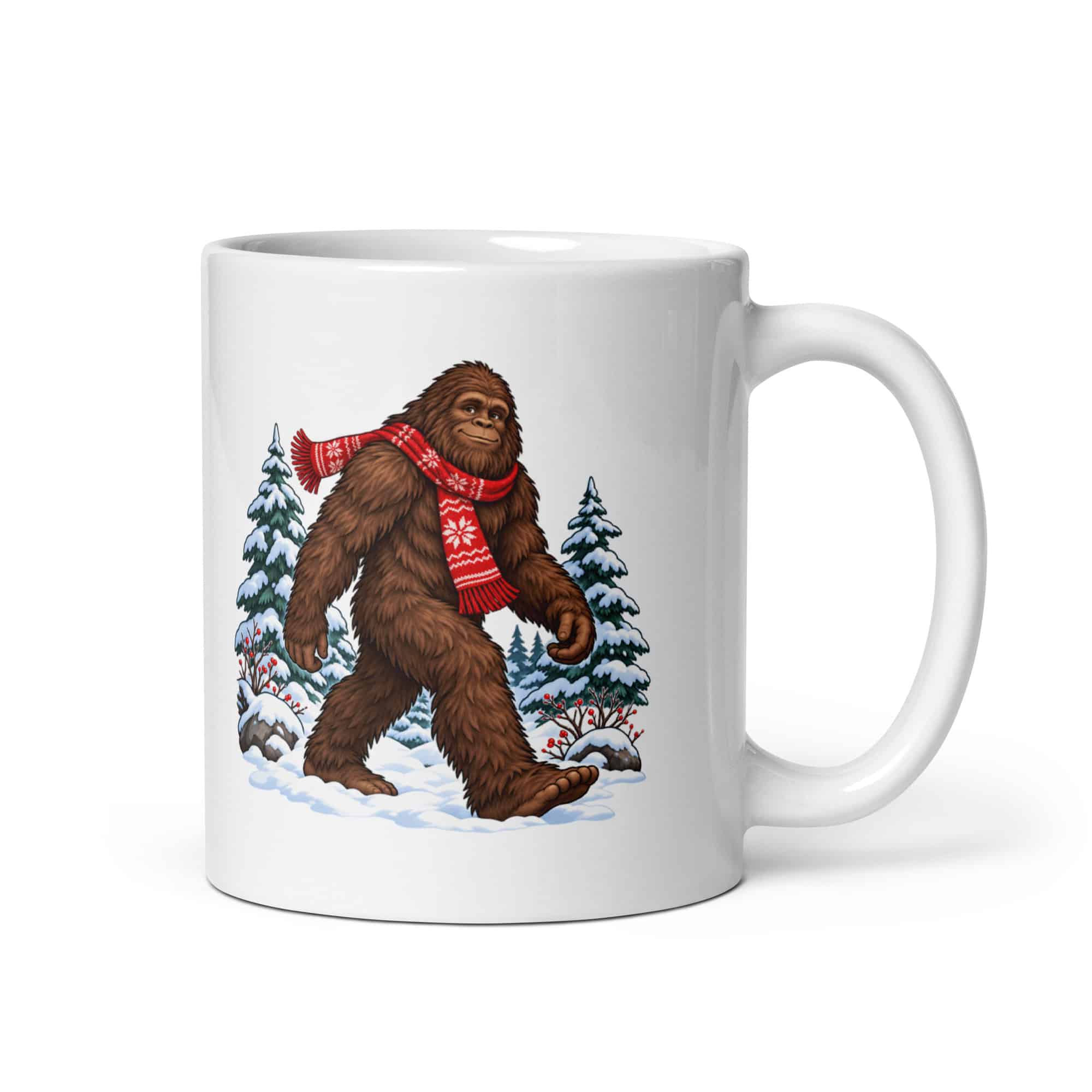 Bigfoot Winter Woods White Ceramic Coffee Mug