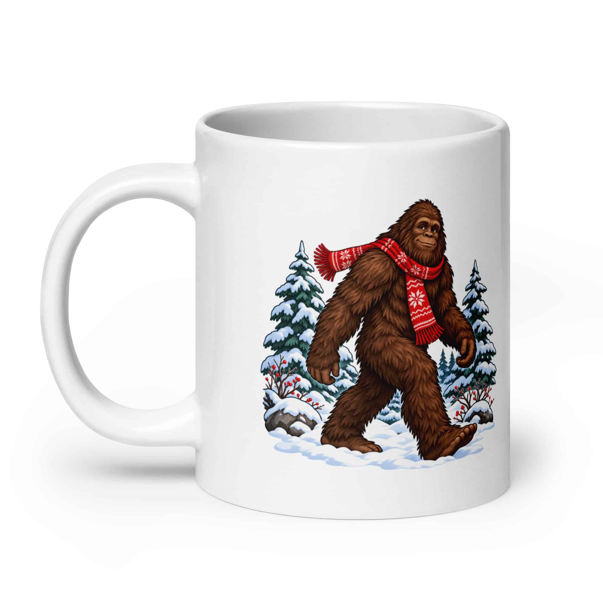 Bigfoot Winter Woods White Ceramic Coffee Mug