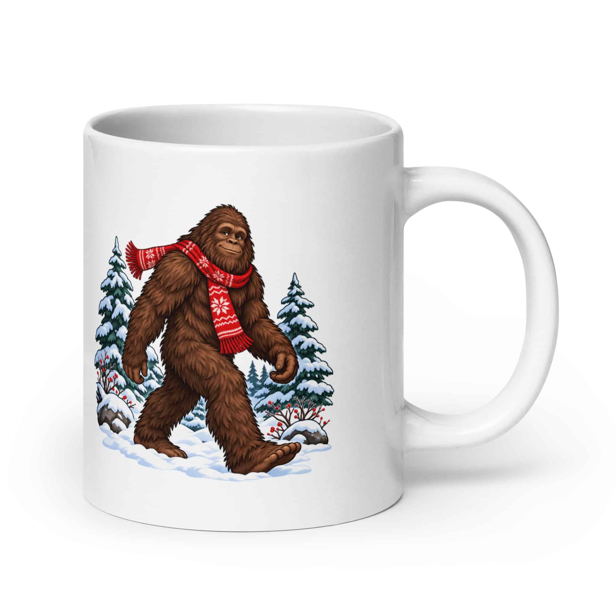 Bigfoot Winter Woods White Ceramic Coffee Mug