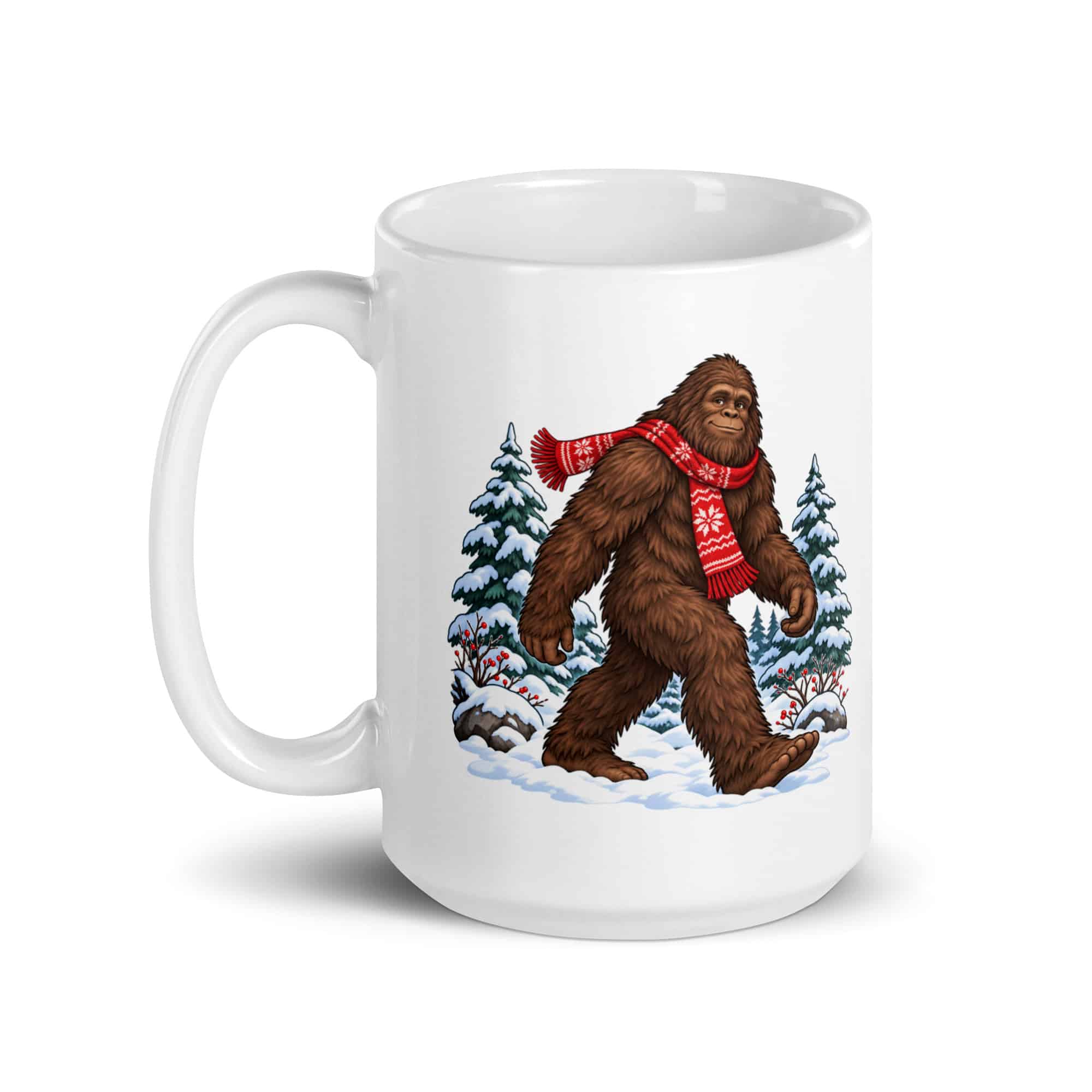 Bigfoot Winter Woods White Ceramic Coffee Mug