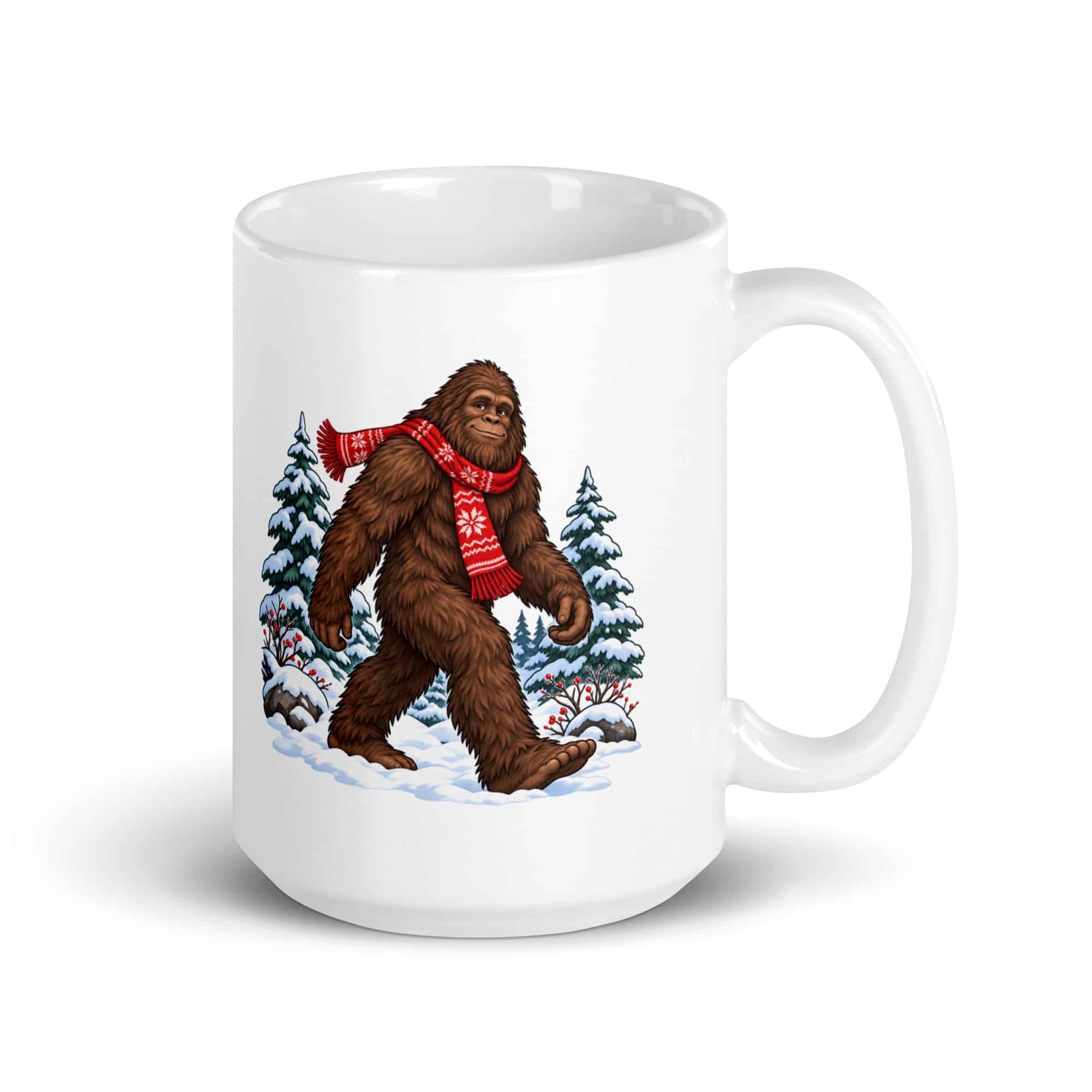Bigfoot Winter Woods White Ceramic Coffee Mug