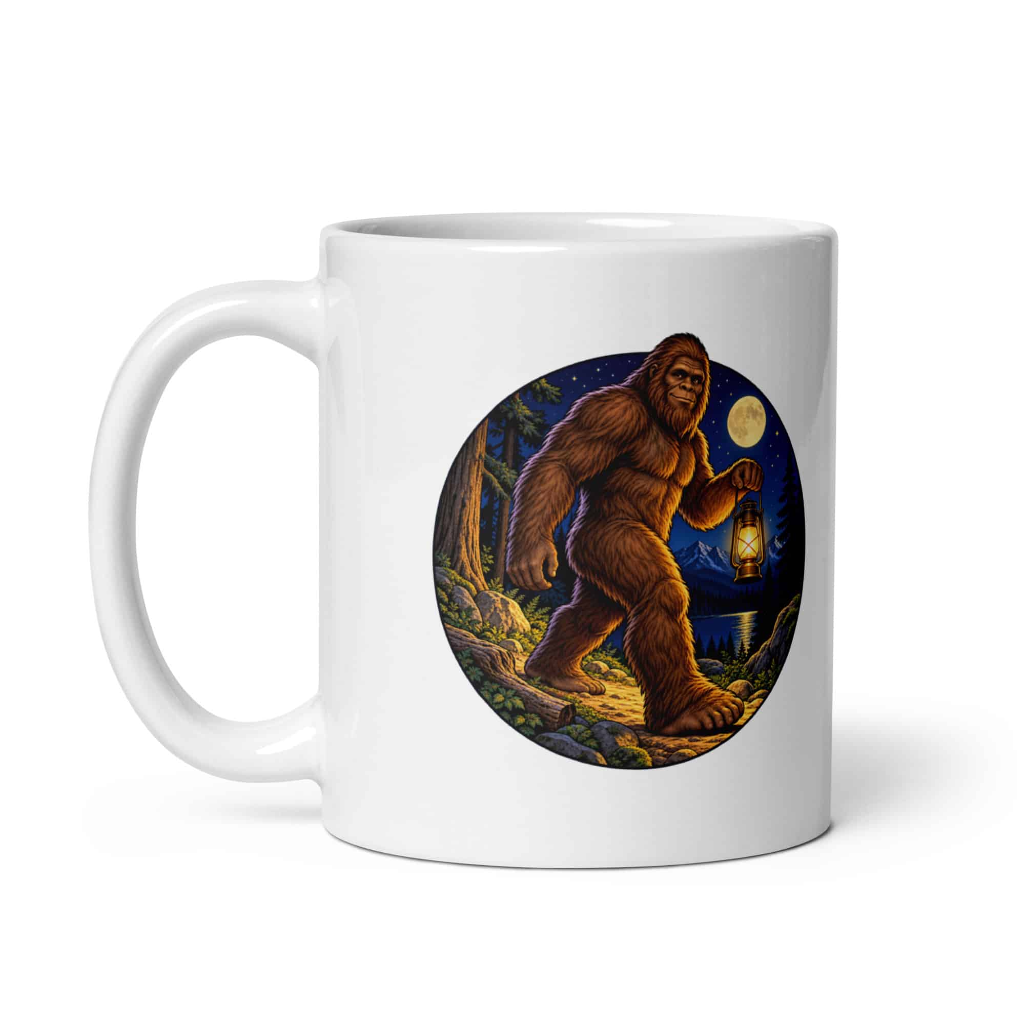 Bigfoot Lantern Night Walk White Ceramic Coffee Mug