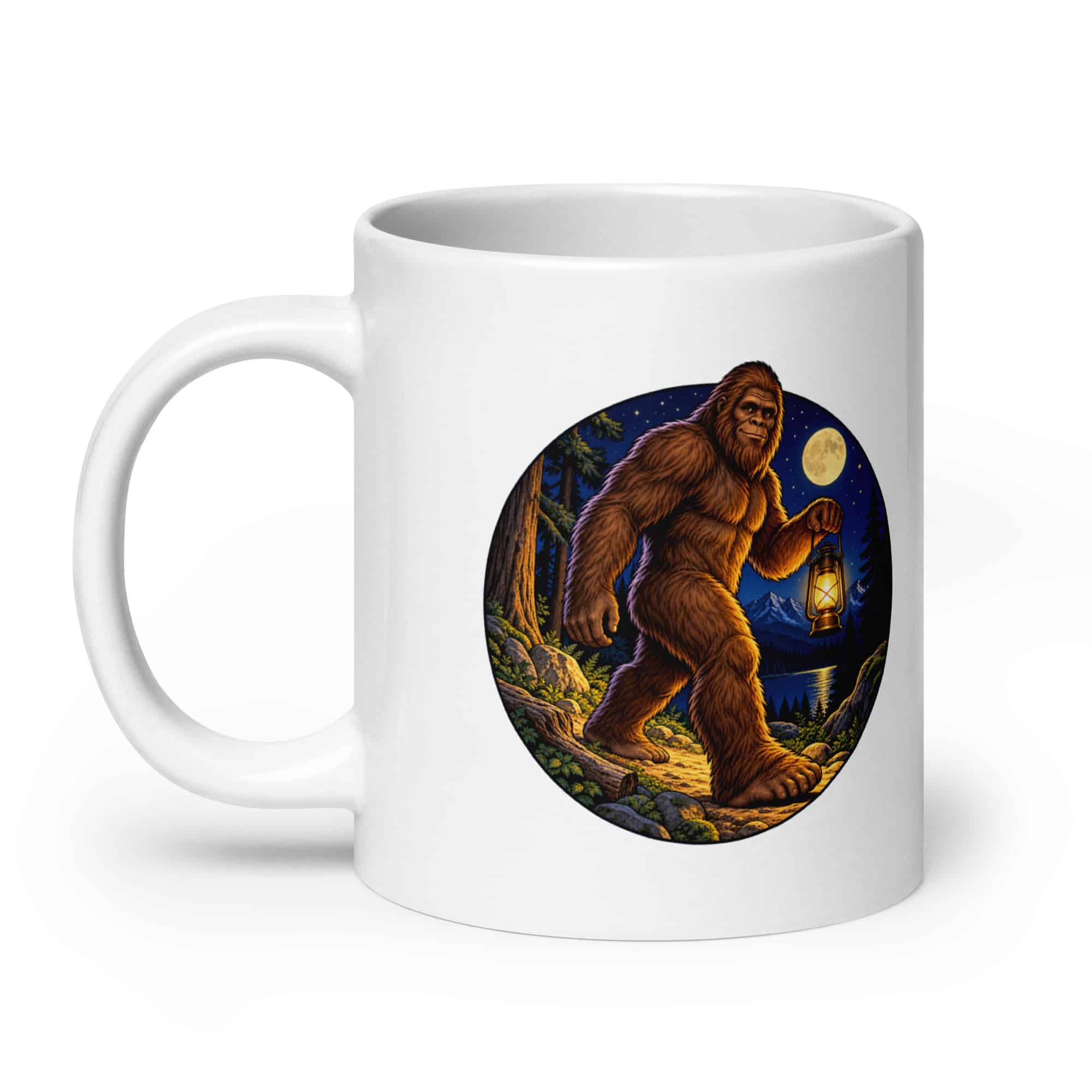 Bigfoot Lantern Night Walk White Ceramic Coffee Mug