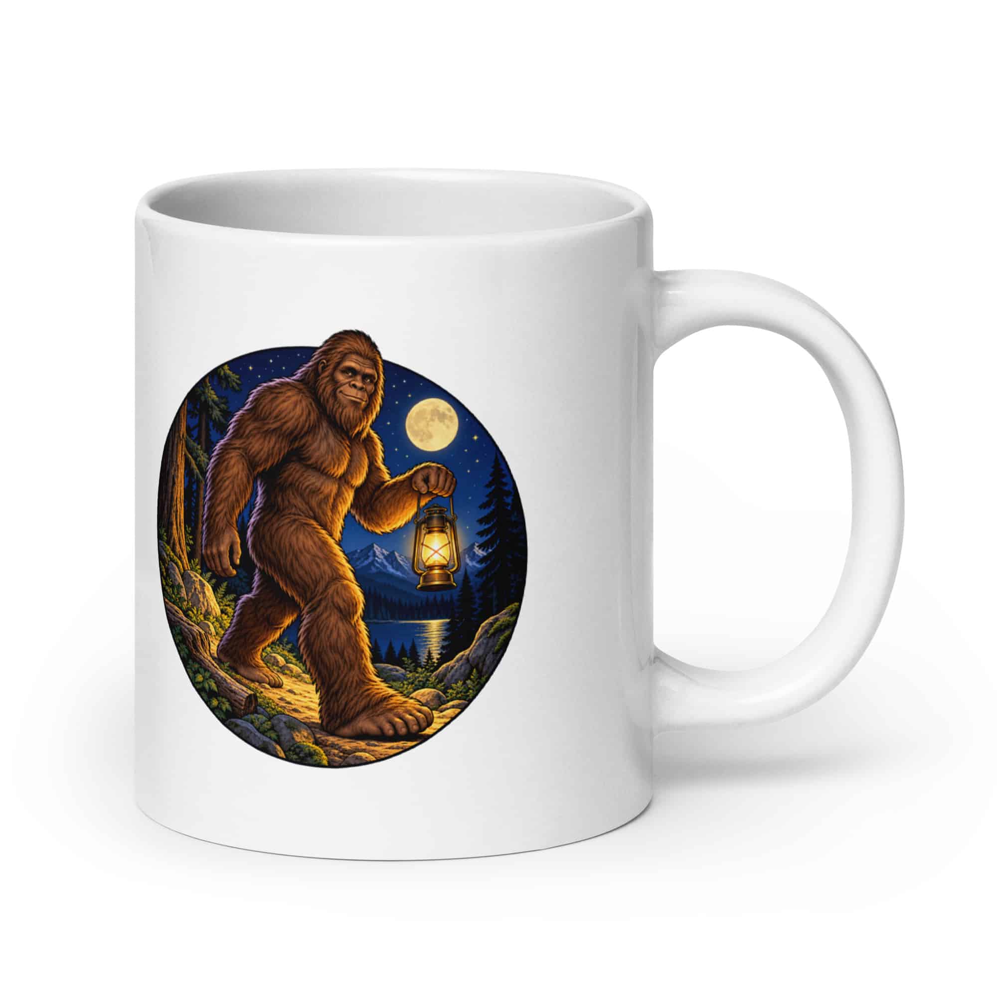 Bigfoot Lantern Night Walk White Ceramic Coffee Mug
