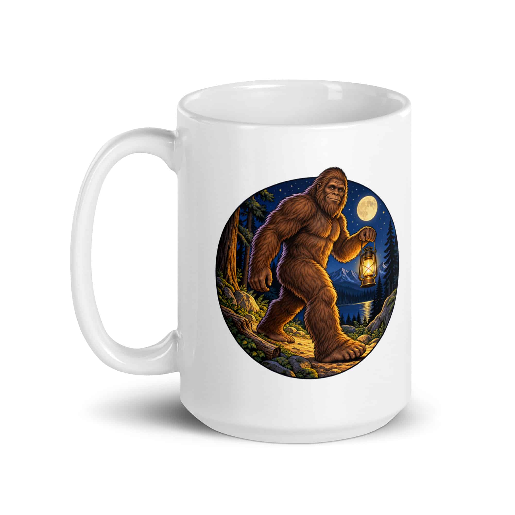 Bigfoot Lantern Night Walk White Ceramic Coffee Mug