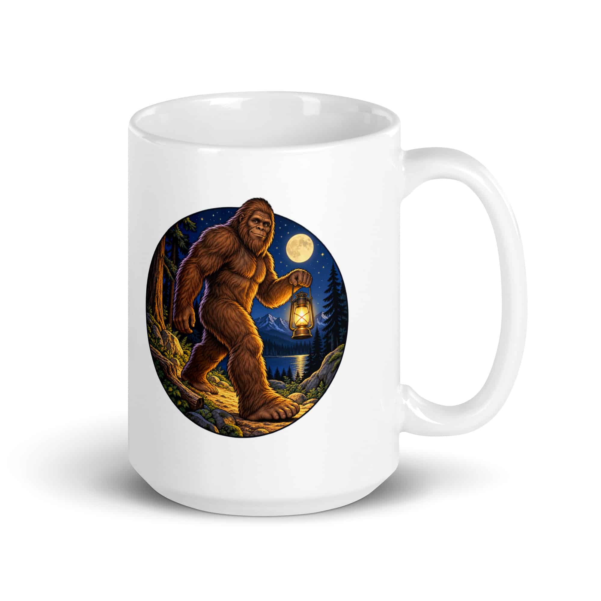 Bigfoot Lantern Night Walk White Ceramic Coffee Mug