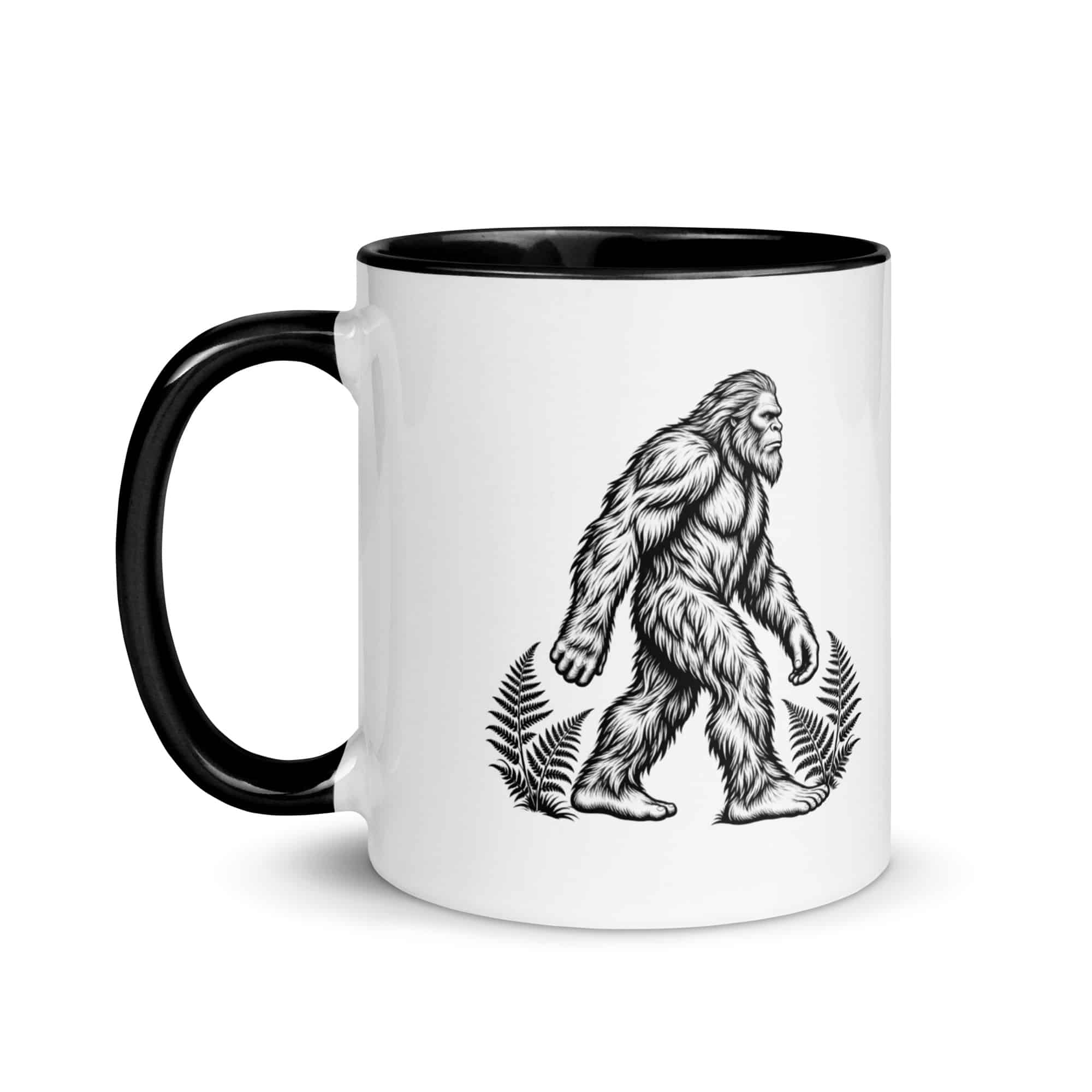 Black Ink Woodcut Bigfoot Color Inside Mug
