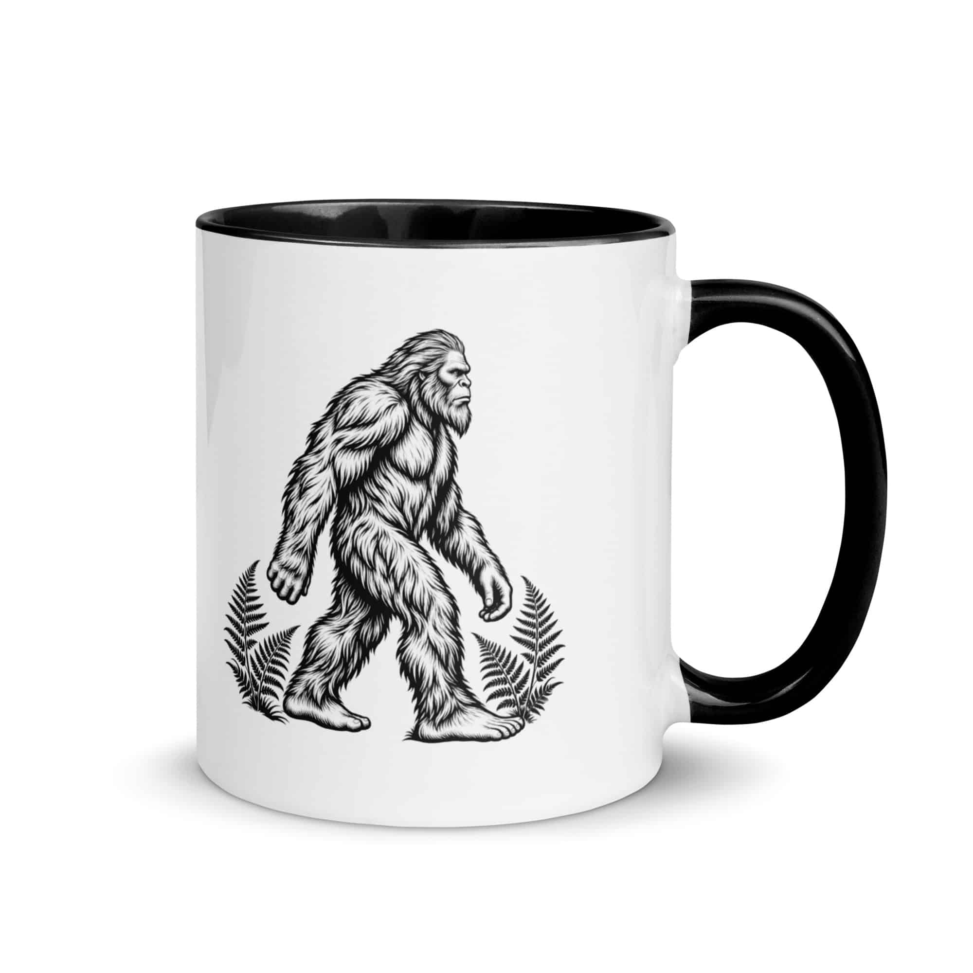Black Ink Woodcut Bigfoot Color Inside Mug