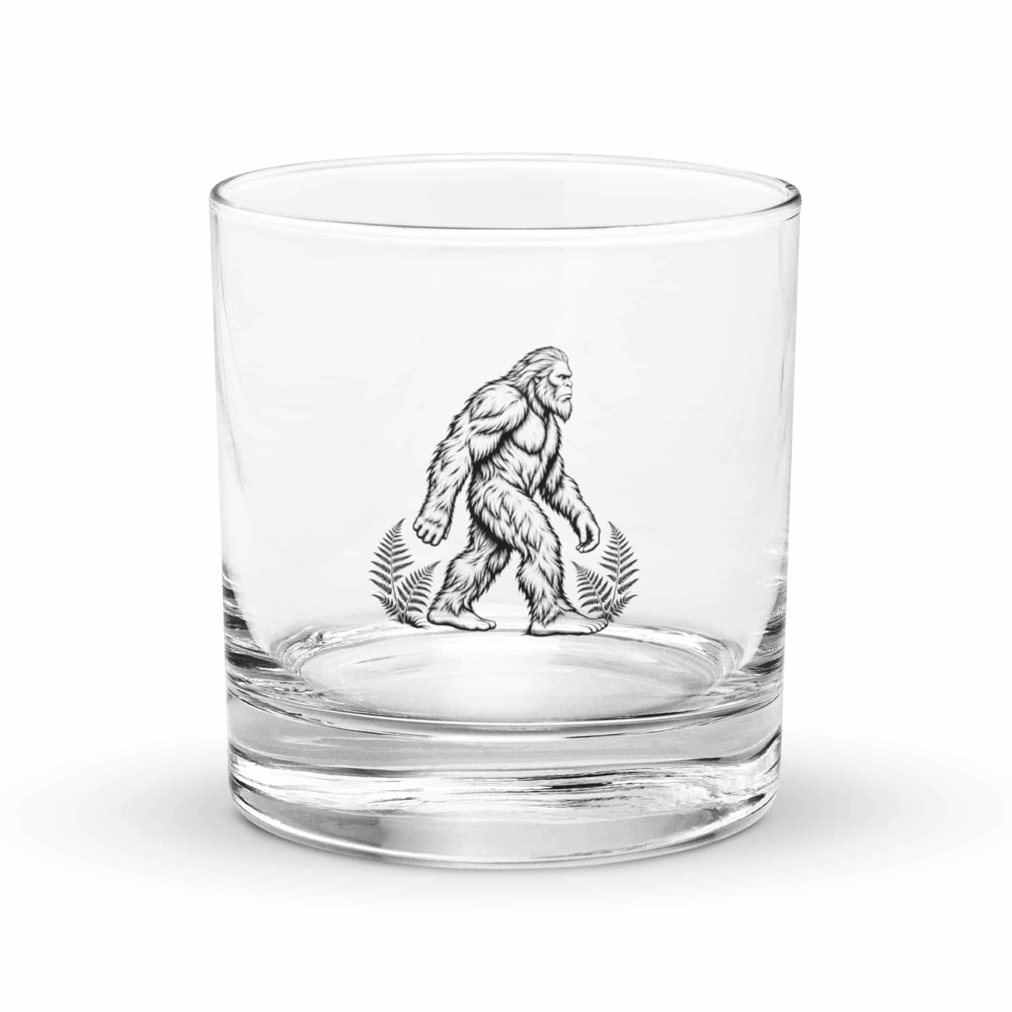 Black Ink Woodcut Bigfoot Rocks Glass