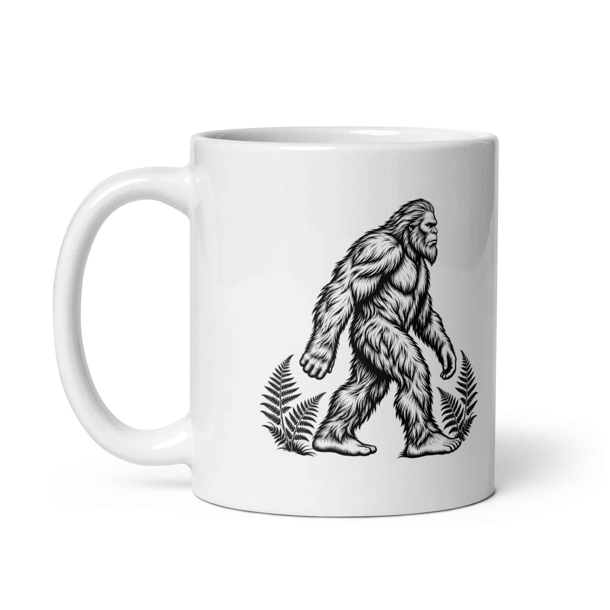 Bigfoot Black Ink Woodcut White Ceramic Coffee Mug
