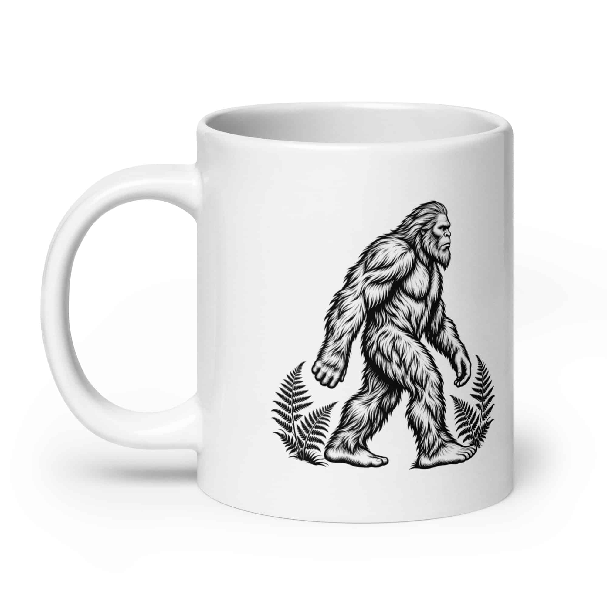 Bigfoot Black Ink Woodcut White Ceramic Coffee Mug