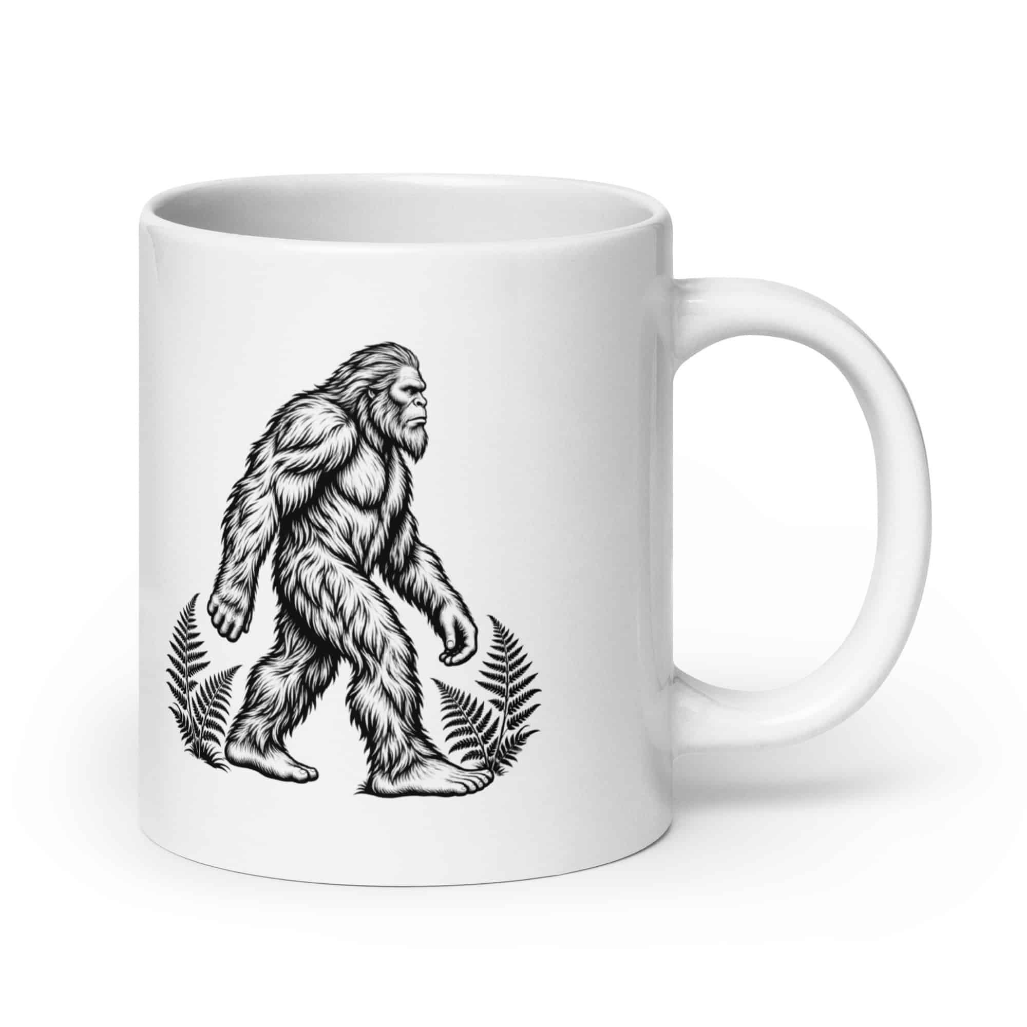 Bigfoot Black Ink Woodcut White Ceramic Coffee Mug