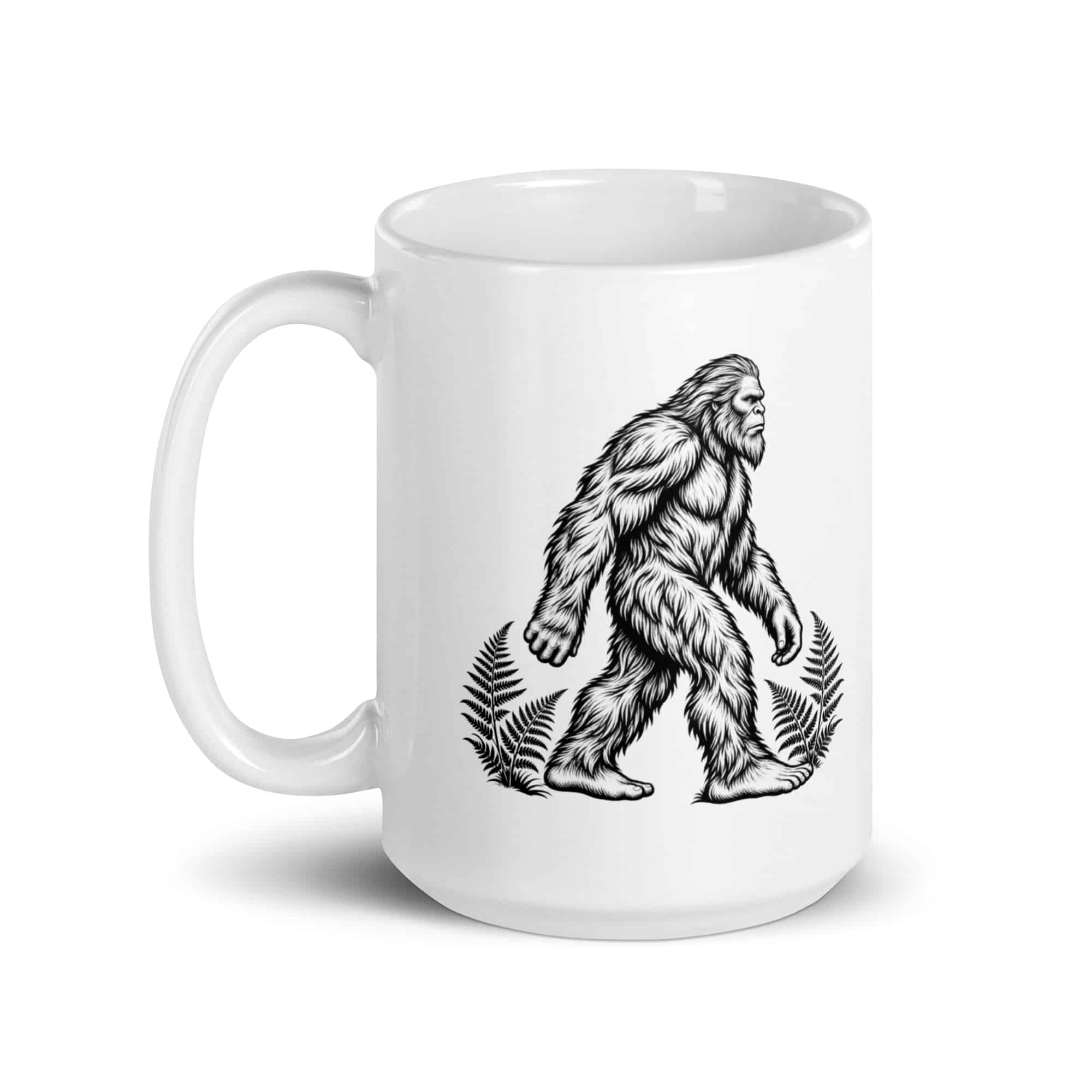 Bigfoot Black Ink Woodcut White Ceramic Coffee Mug