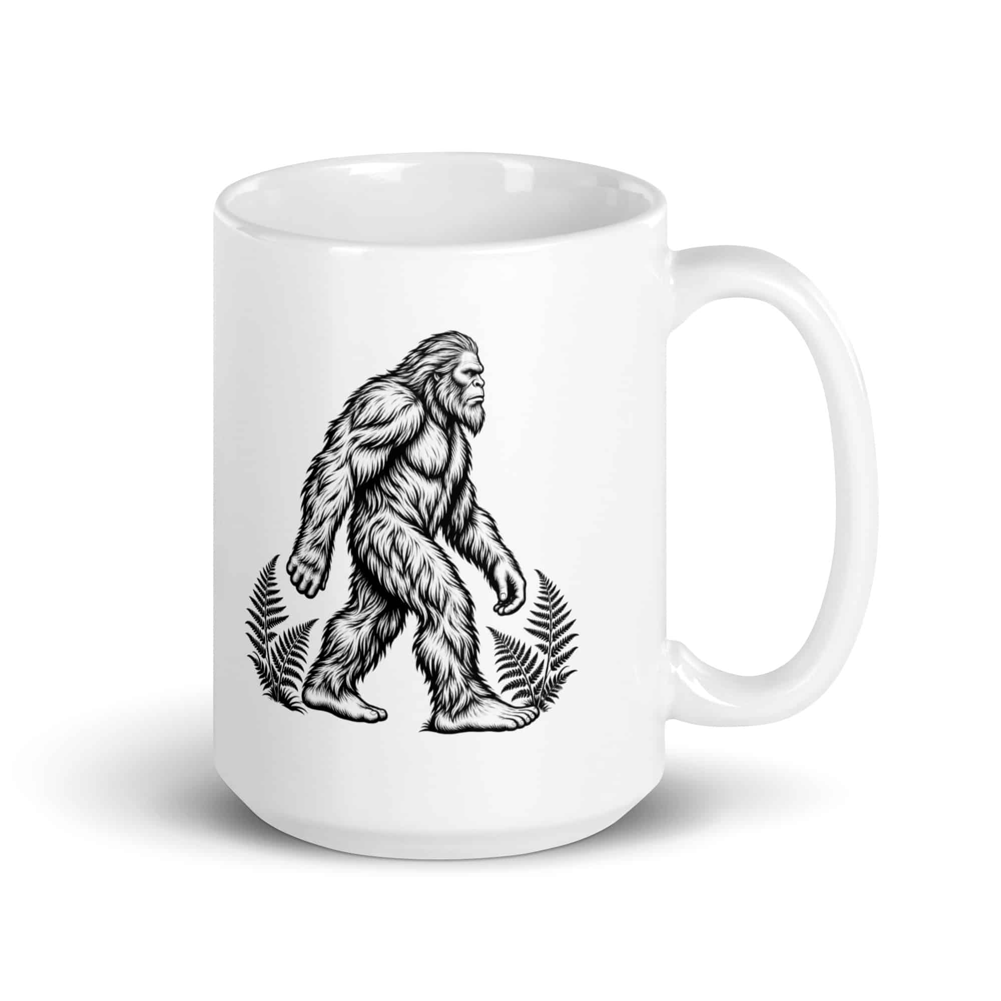 Bigfoot Black Ink Woodcut White Ceramic Coffee Mug