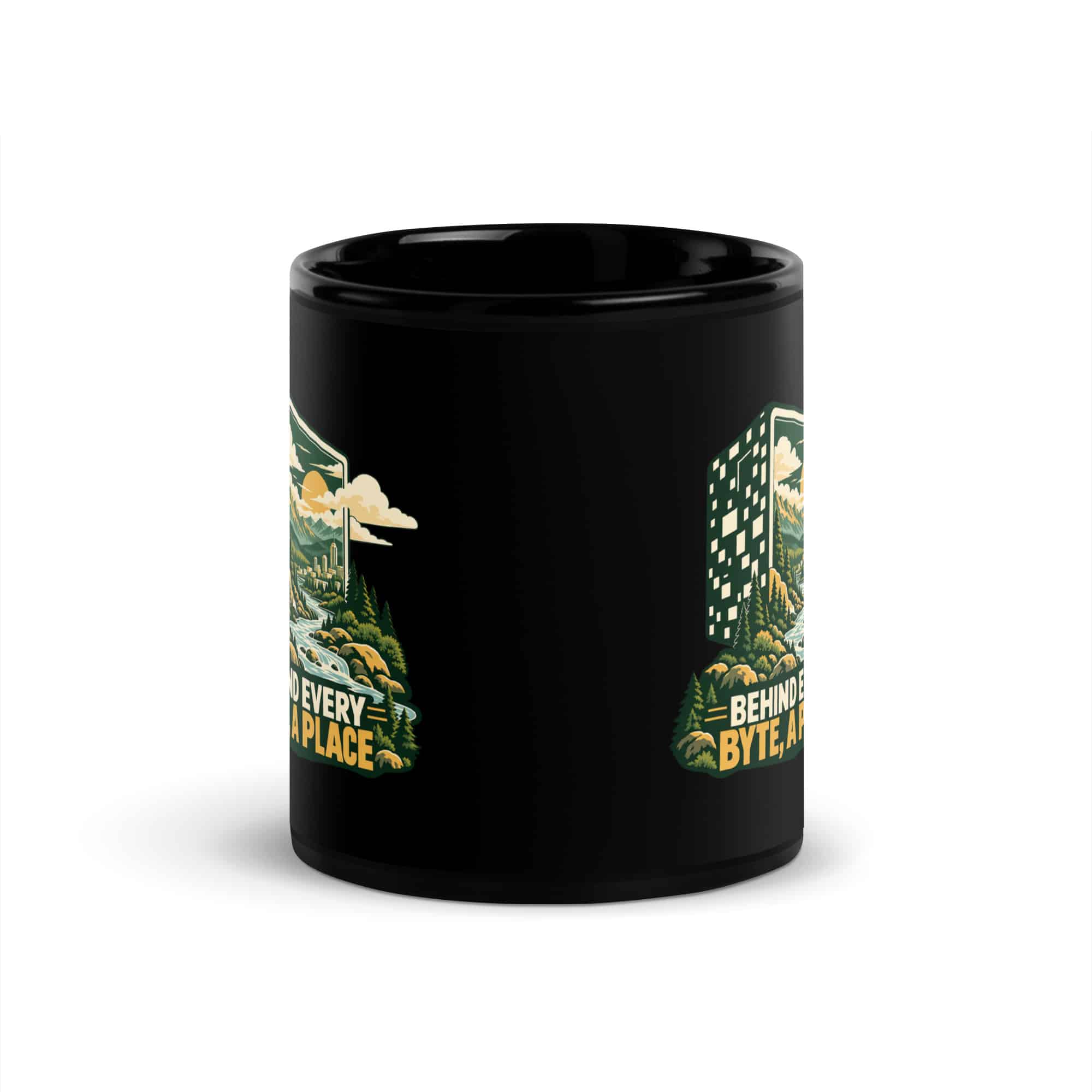Black Glossy Coffee Mug: Behind every byte, a place