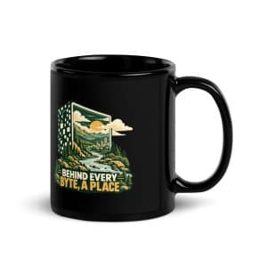 Black Glossy Coffee Mug: Behind every byte, a place - 11 oz - Handle on Right