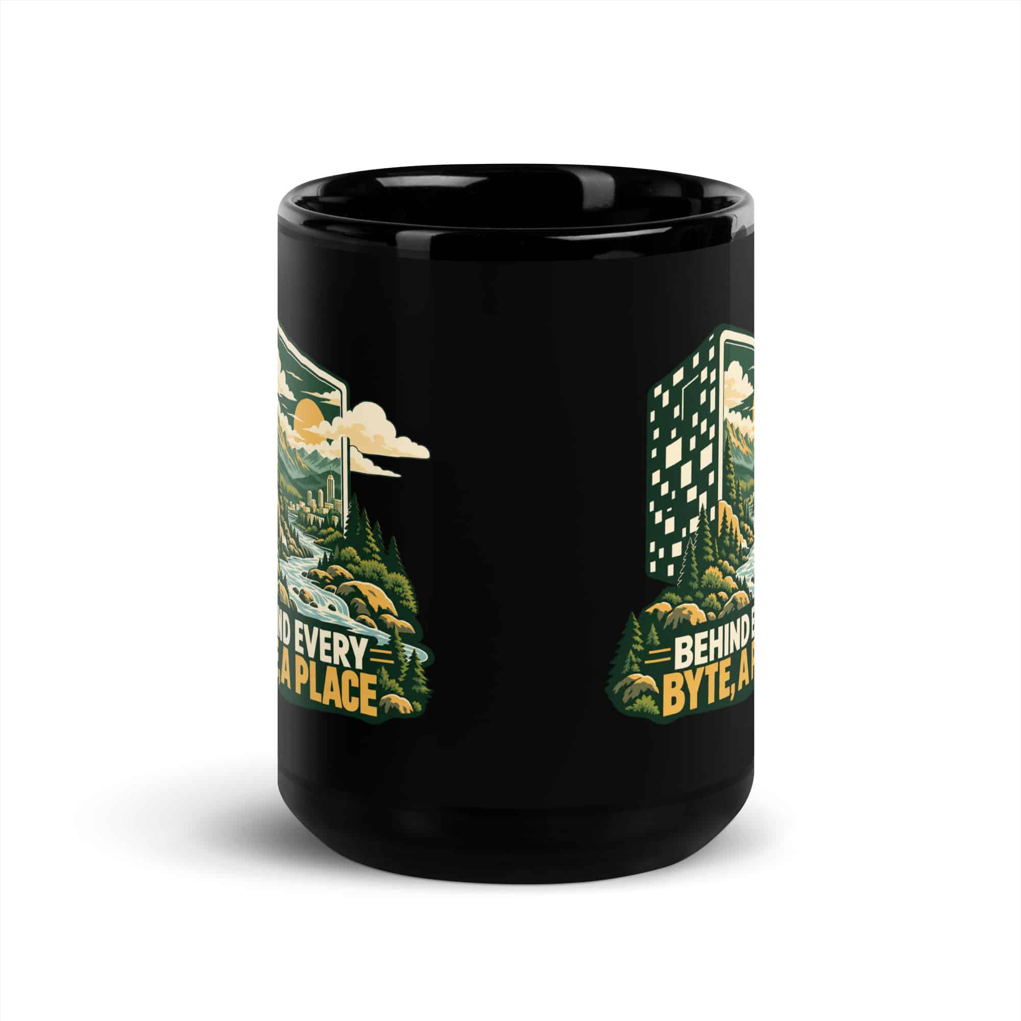 Black Glossy Coffee Mug: Behind every byte, a place
