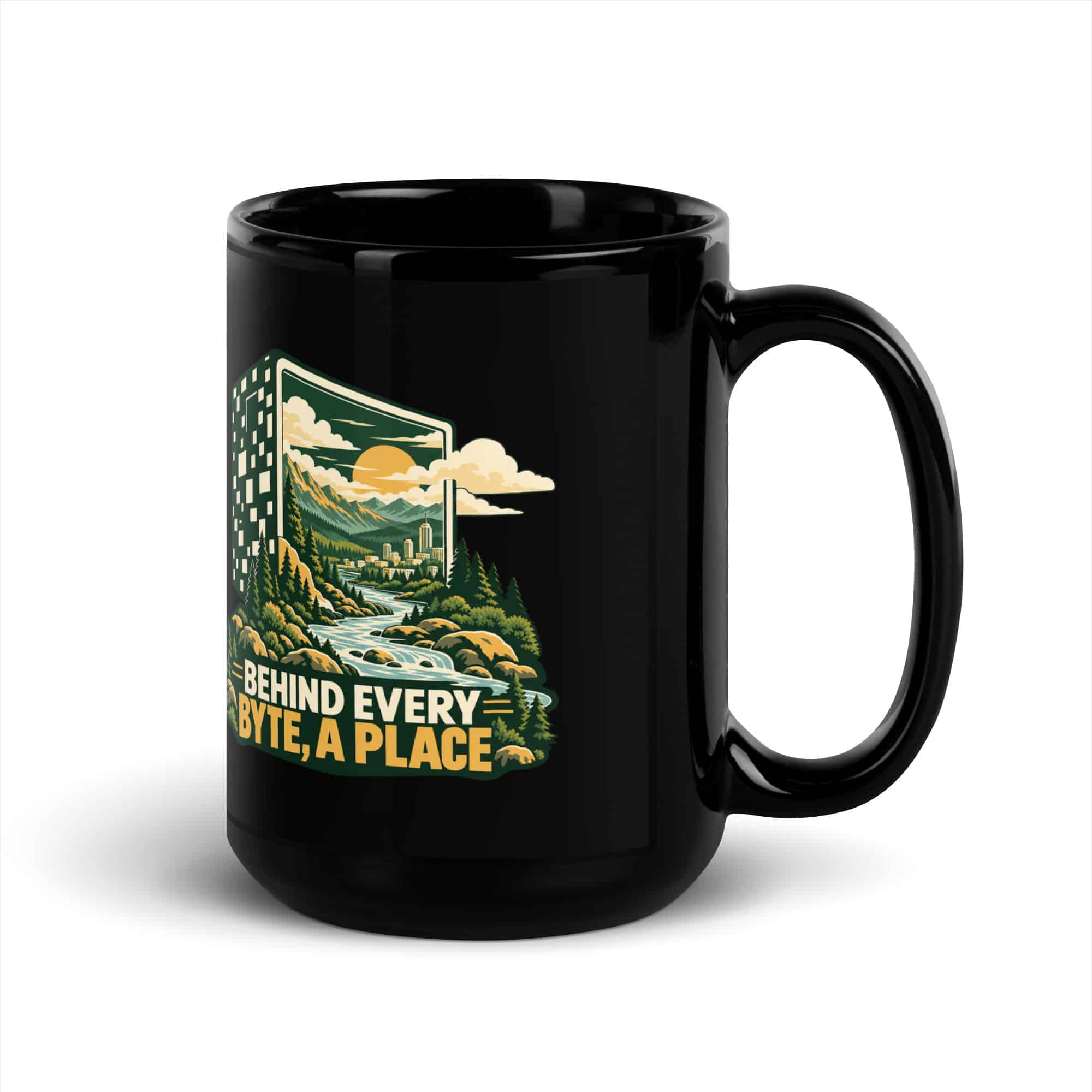 Black Glossy Coffee Mug: Behind every byte, a place