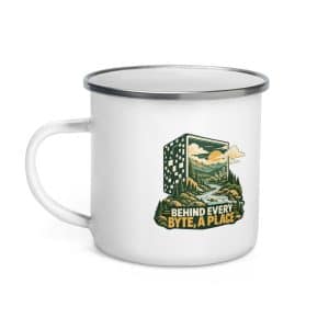 Enamel Camp Mug: Behind every byte, a place - 12 oz - Left