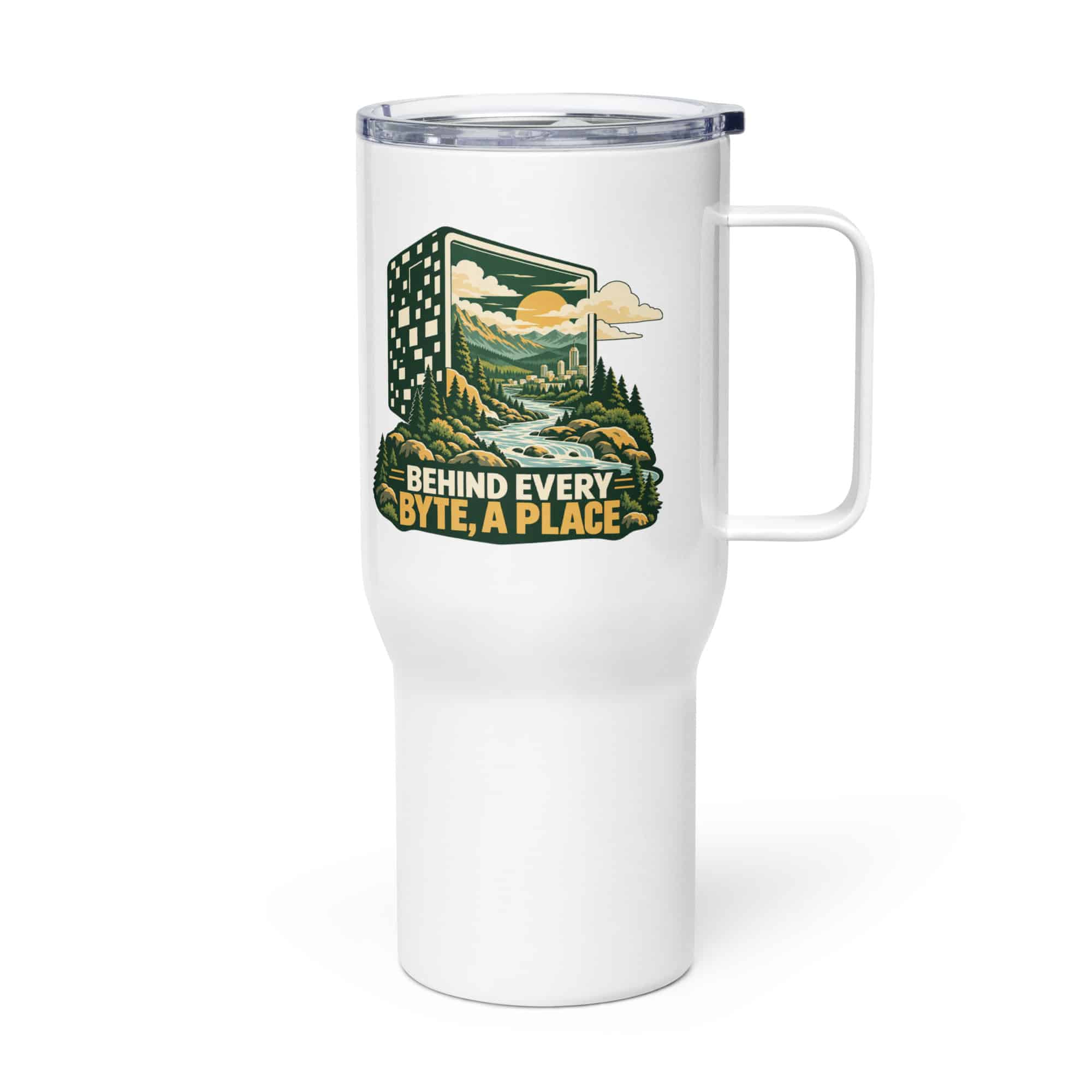 Travel Mug: Behind every byte, a place