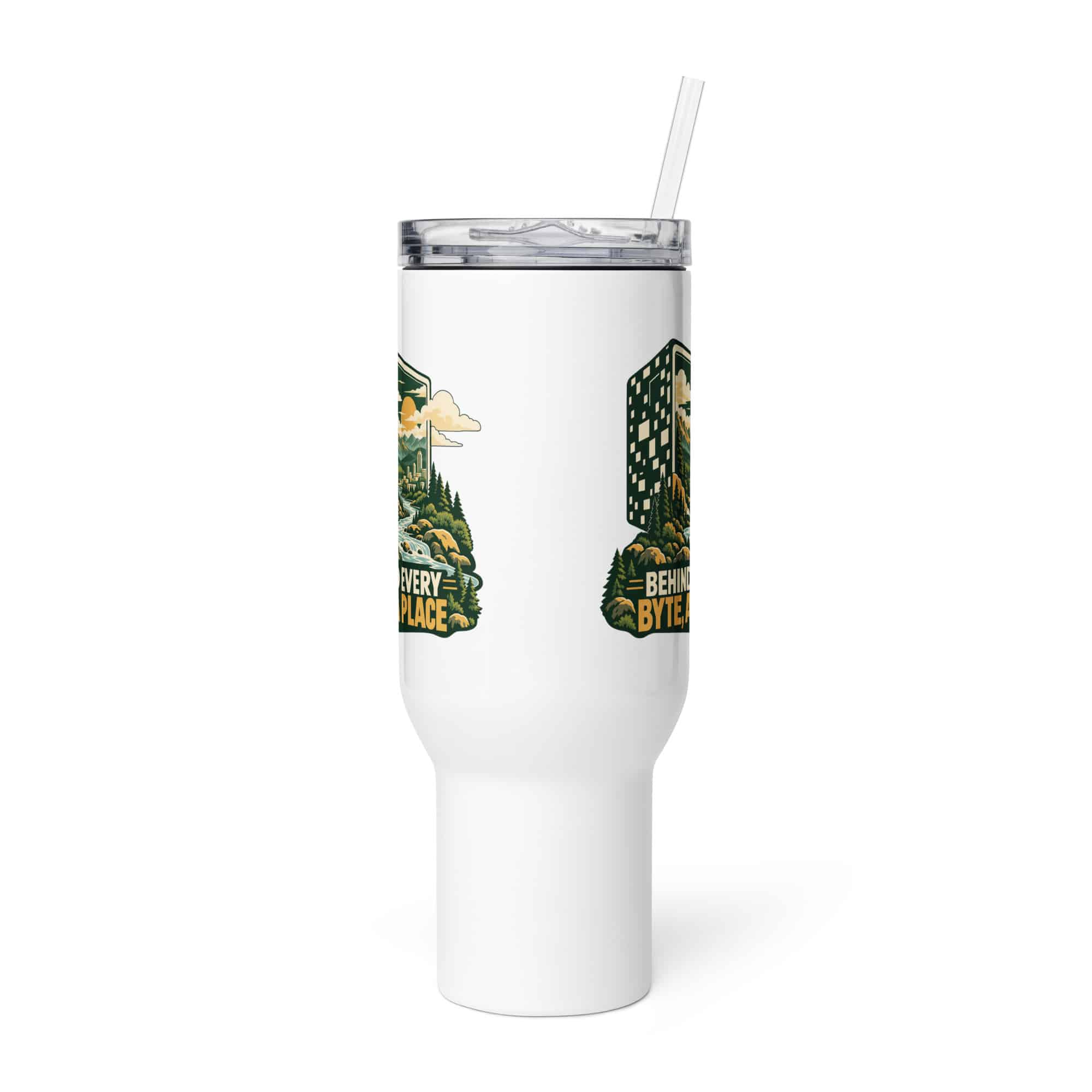Travel Mug: Behind every byte, a place