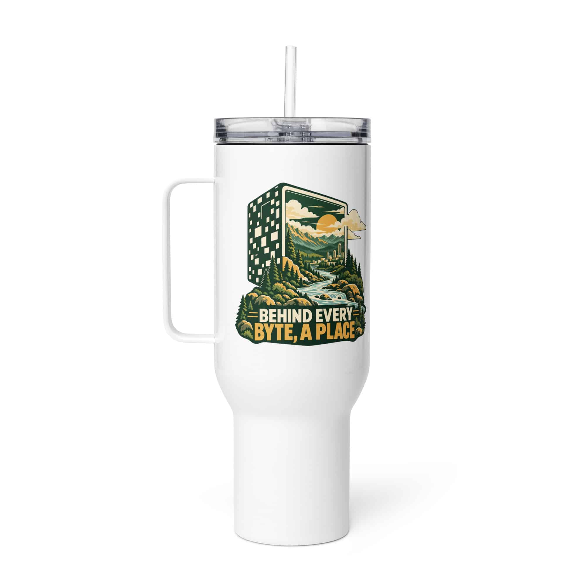 Travel Mug: Behind every byte, a place