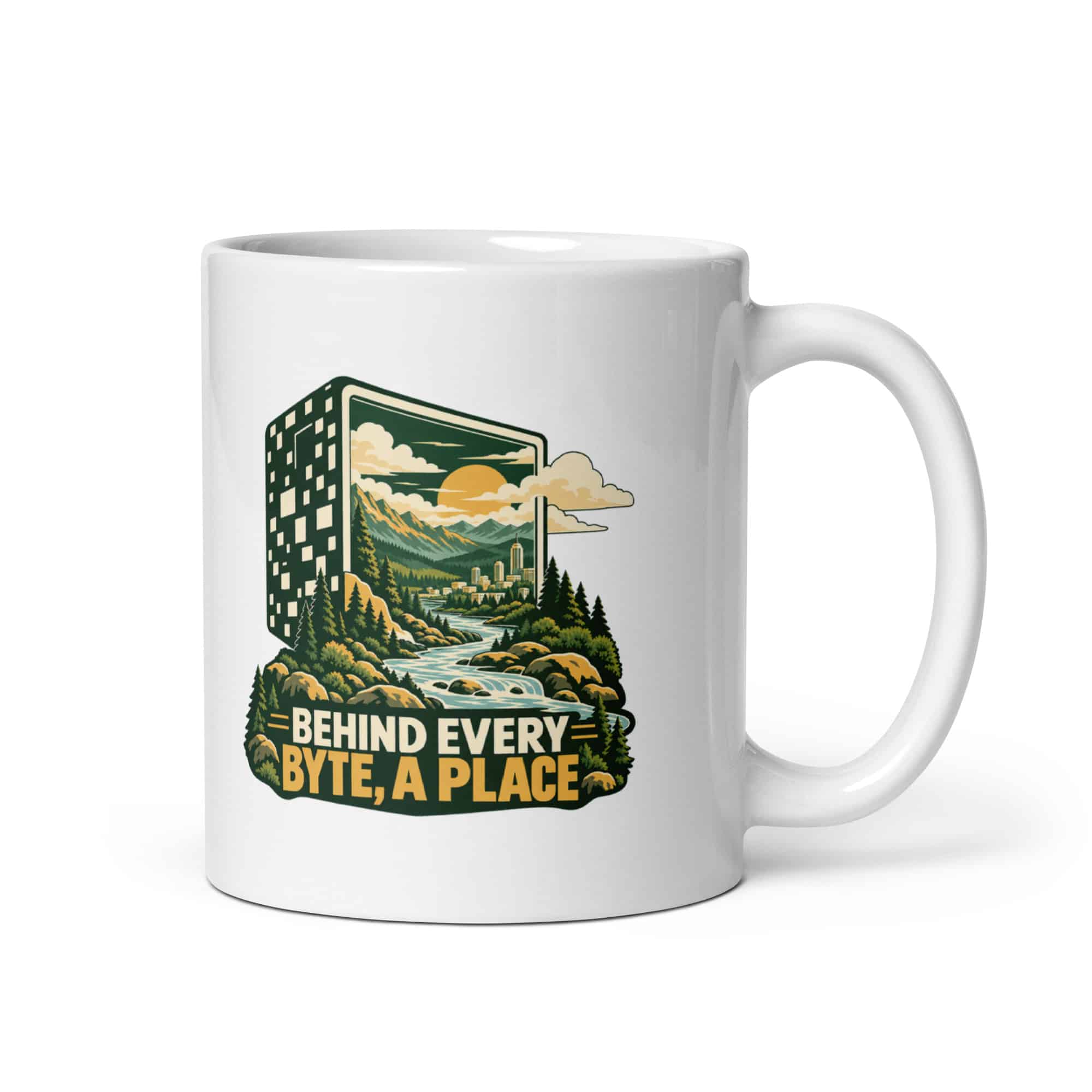 White Ceramic Coffee Mug: Behind every byte, a place