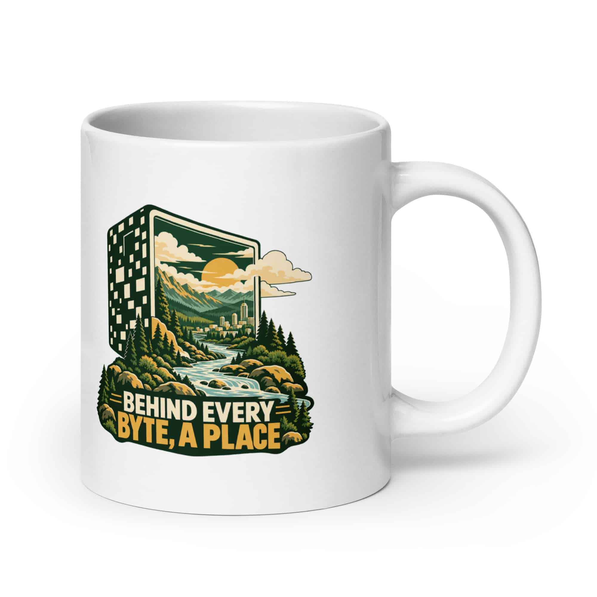 White Ceramic Coffee Mug: Behind every byte, a place
